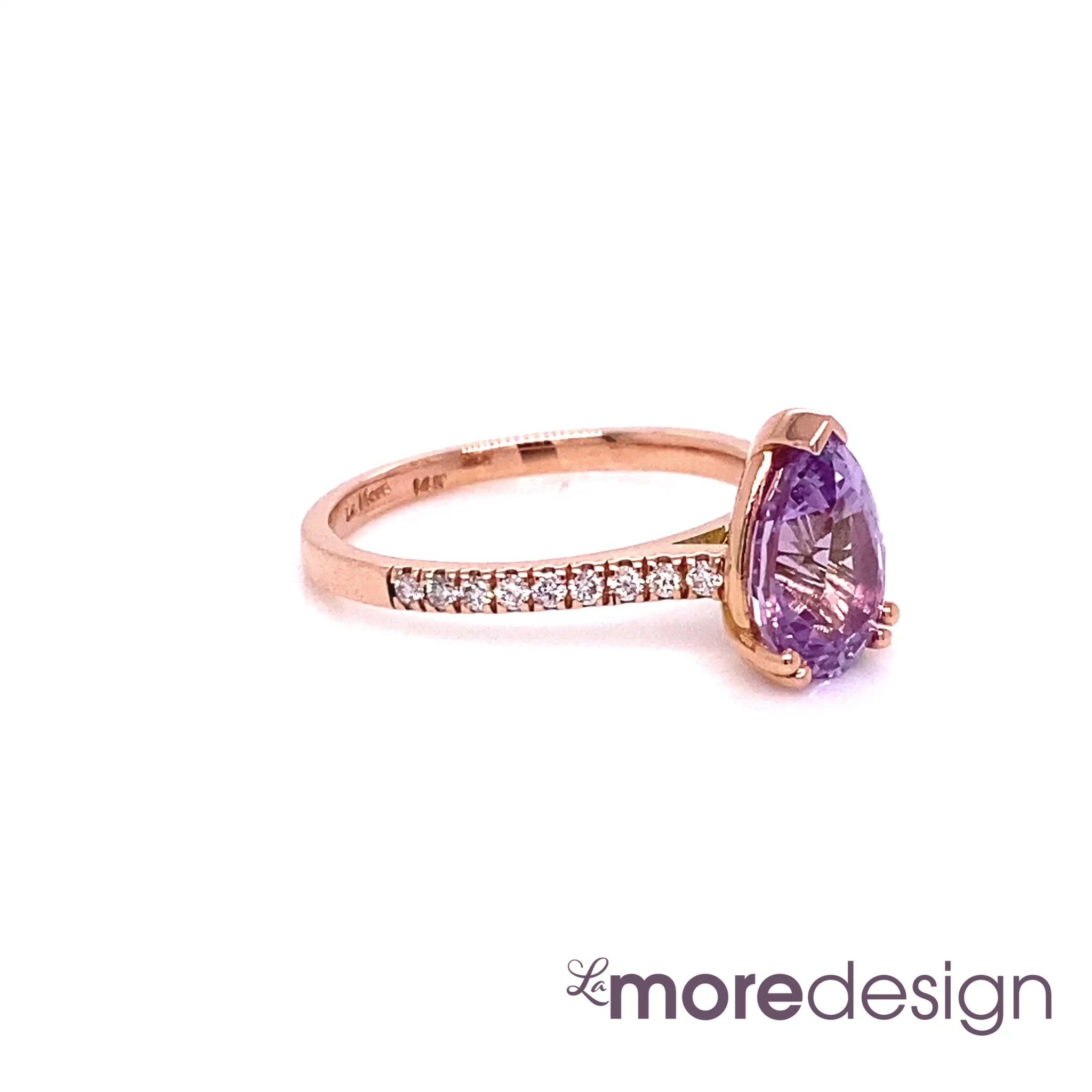 Timelessly gorgeous lavender purple sapphire engagement ring is crafted in 14k rose gold Grace Solitaire pave diamond ring setting with a large 2.39-carat pear cut natural lavender purple sapphire center ~ total gemstone and diamond weight of the whole ring is 2.59 ct.tw.  This one-of-a-kind sapphire ring is perfect for brides looking for non-traditional engagement rings. All our wedding bands can pair beautifully with this gorgeous solitaire sapphire ring!