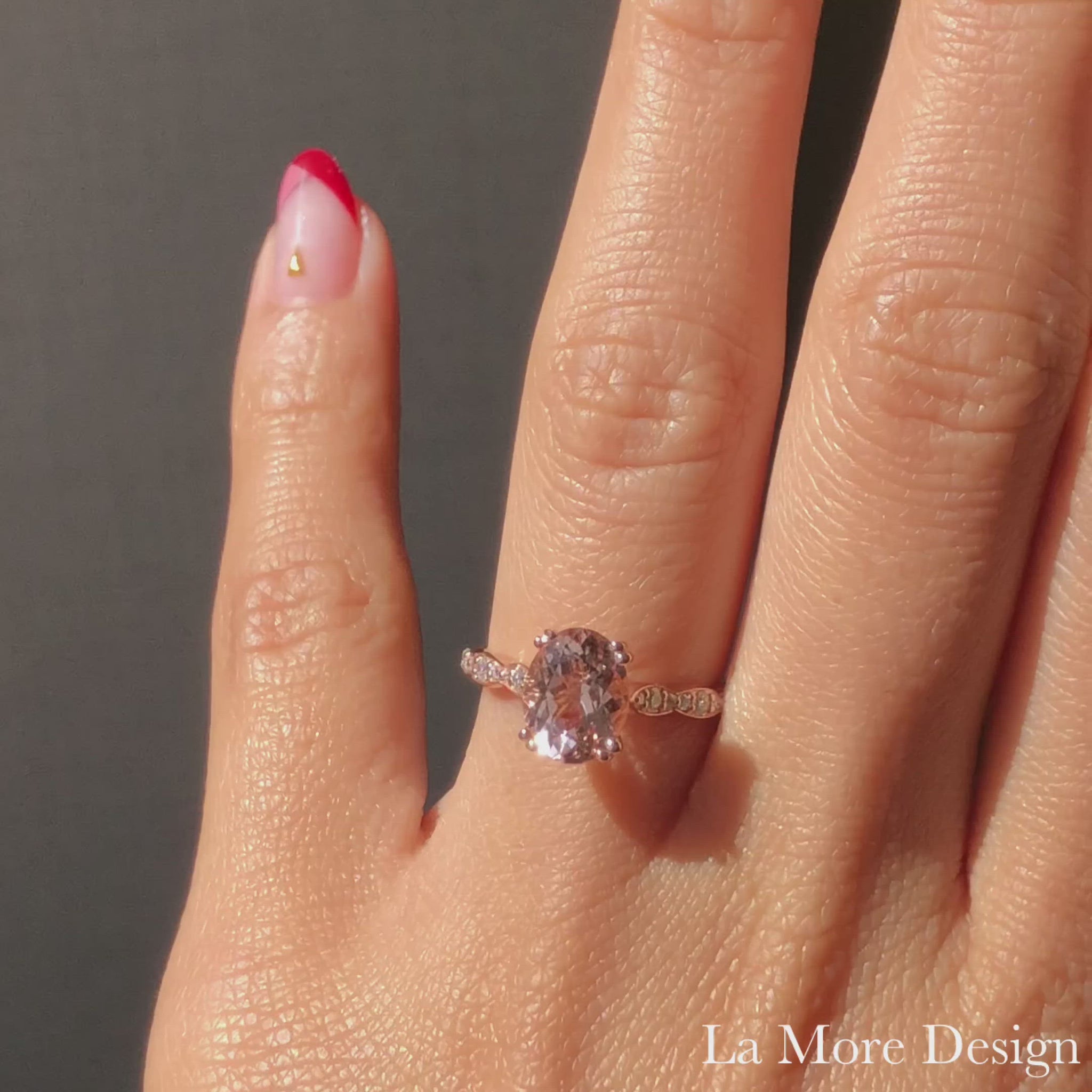 oval morganite solitaire engagement ring in rose gold scalloped diamond band by la more design jewelry
