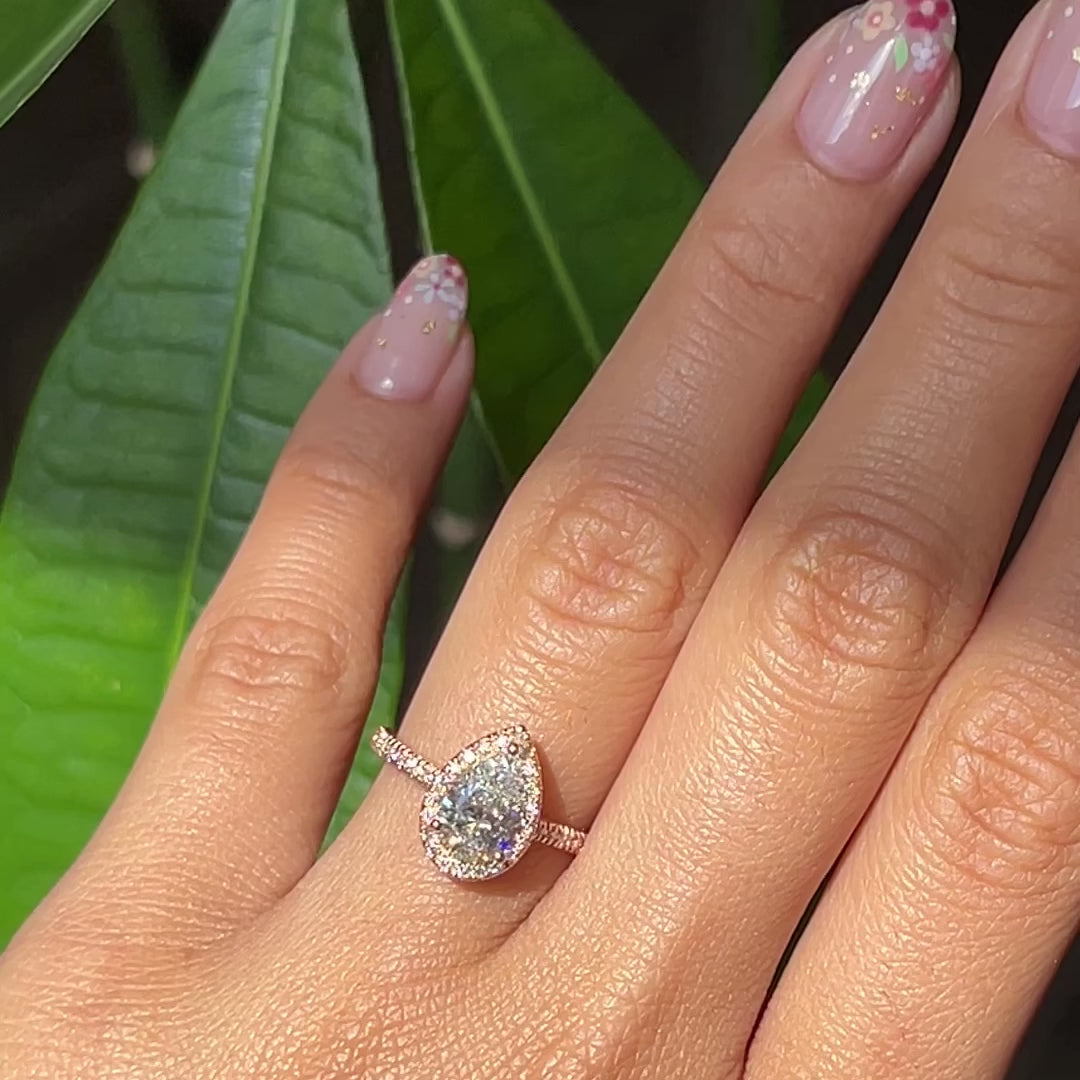 lab diamond ring rose gold pear diamond halo engagement ring La More Design Jewelry