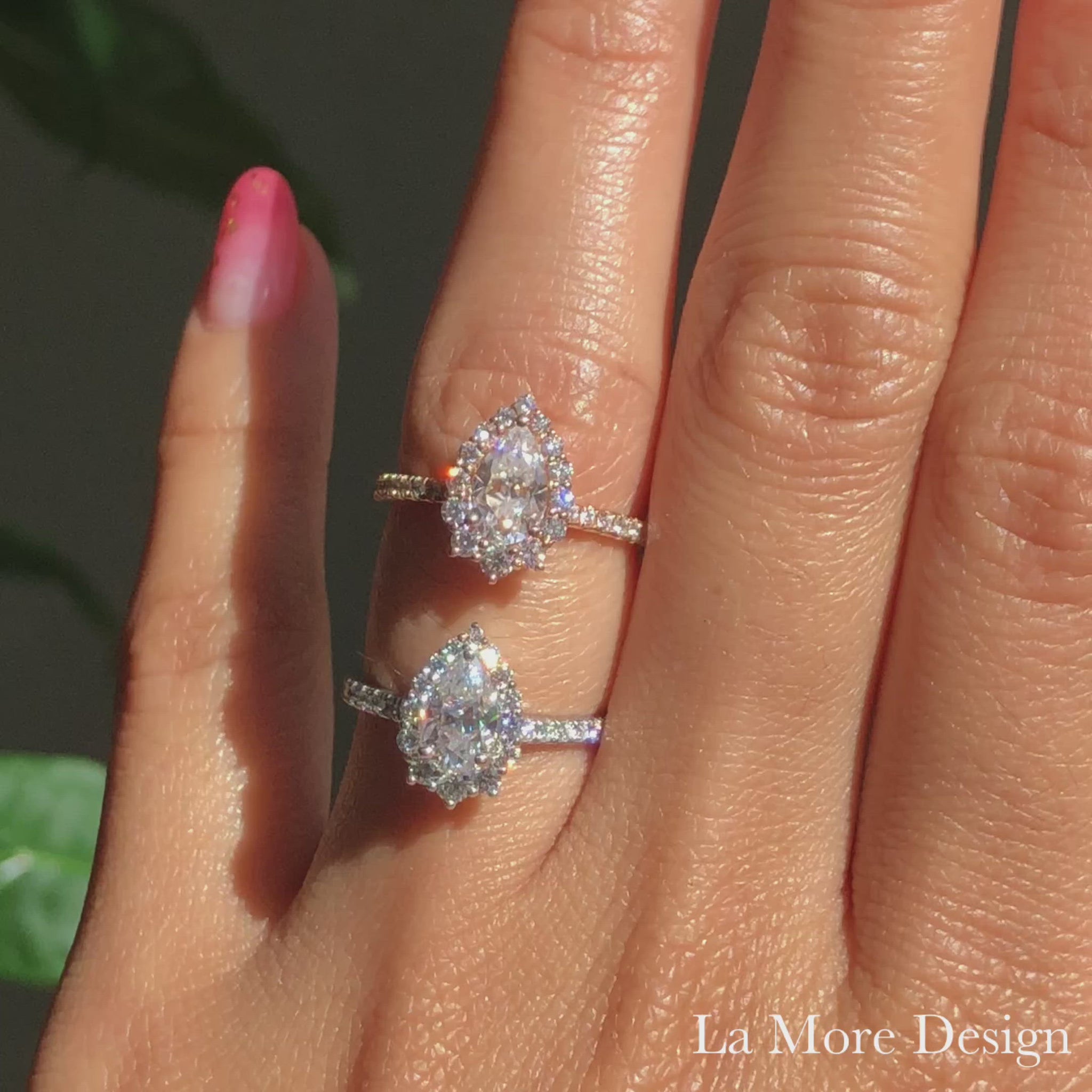 halo diamond moissanite engagement ring rose gold and white gold pear shaped ring low profile ring by la more design jewelry