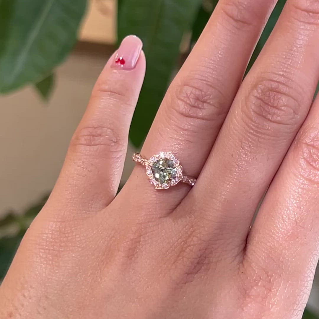Cushion green sapphire ring rose gold vintage halo diamond ring la more design jewelry