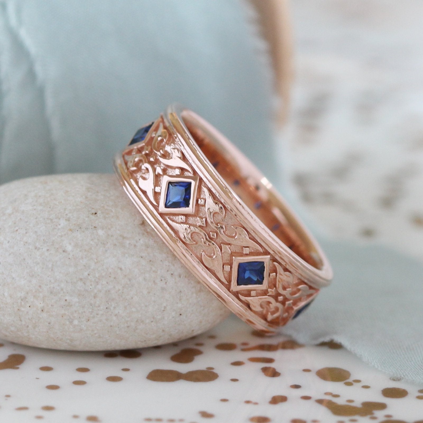 Celtic Mens Wedding Band Princess Cut Sapphire in 14k Rose Gold 8mm by la more design