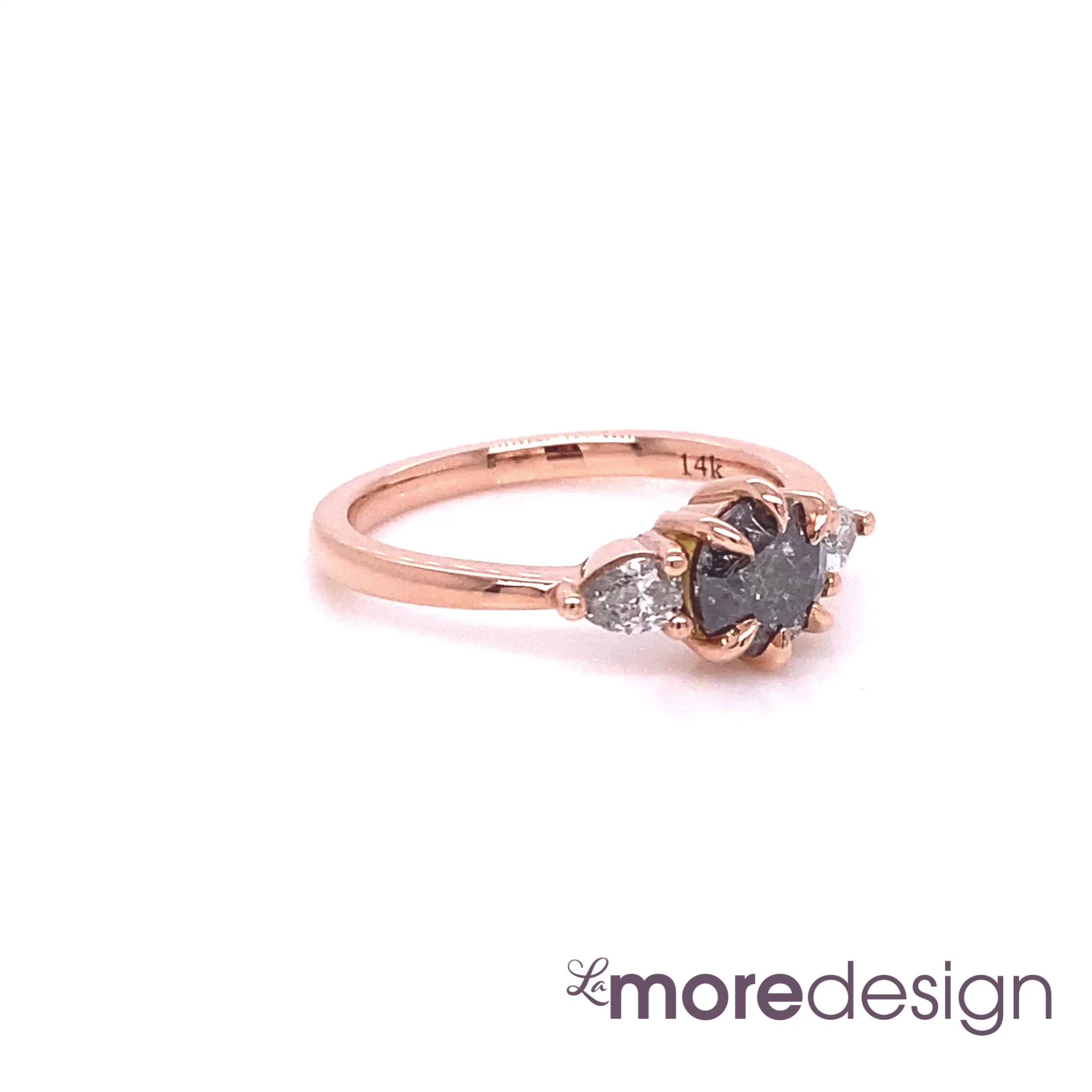 1.16 Ct Salt and Pepper Diamond Ring in 14k Rose Gold 3 Stone Pear Ring, Size 6.25