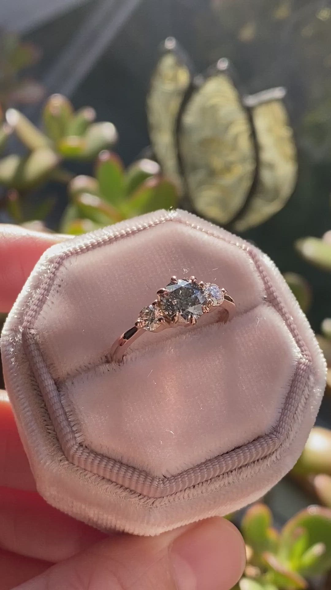 1.35 Ct Salt and Pepper Diamond Ring in 14k Rose Gold 3 Stone Ring, Size 6