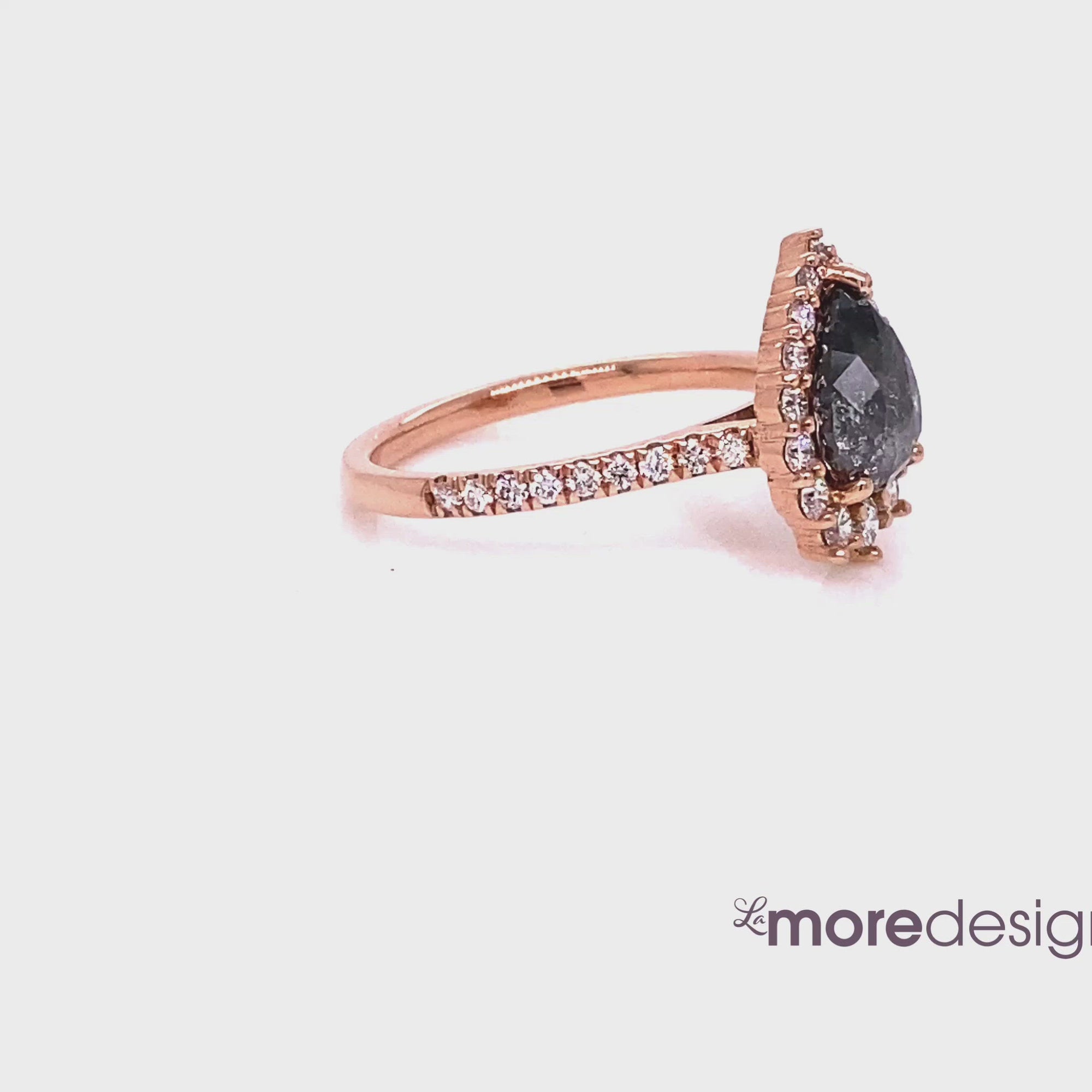 Pear salt and pepper diamond ring rose gold halo diamond ring la more design jewelry