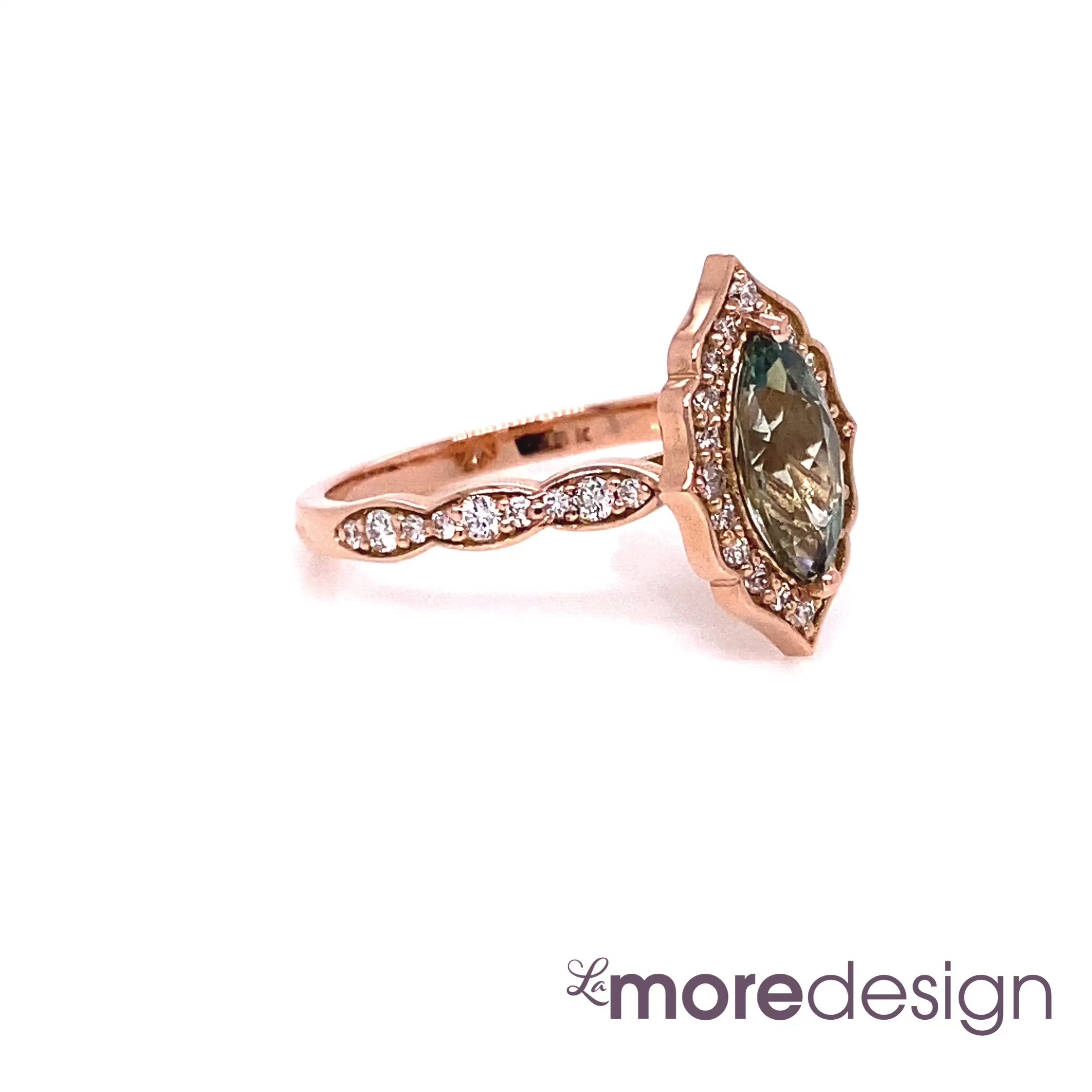 Stunning unique and gorgeous creation! This green sapphire engagement ring is crafted in 14k rose gold vintage floral diamond ring setting with a 1.22-carat marquise cut natural sapphire center ~ total gemstone and diamond weight of the whole ring is 1.58 ct.tw.  This elegant vintage-inspired marquise-cut engagement ring will guarantee a big smile on your future bride's face! All our wedding bands can pair beautifully with this beautiful vintage floral diamond sapphire ring!