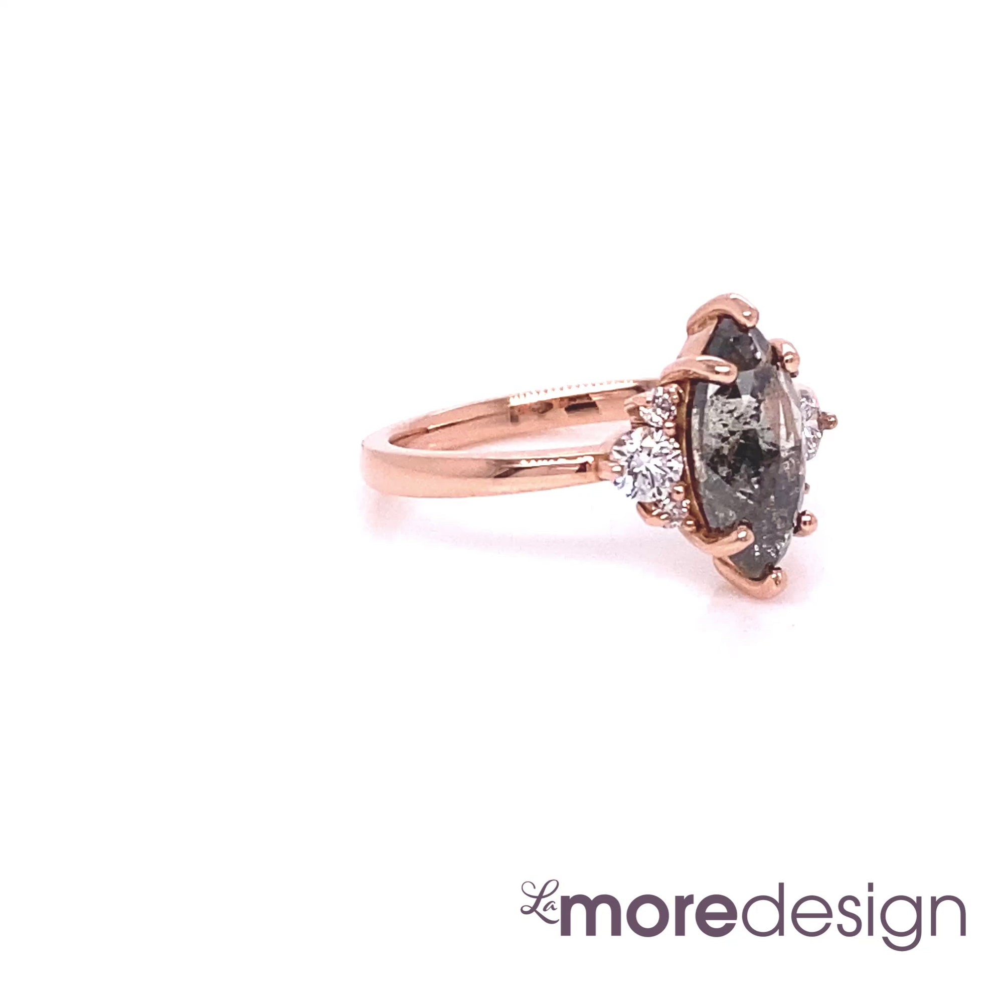 Marquise Salt and Pepper Diamond Ring in 14k Rose Gold 3 Stone Ring, Size 6.25