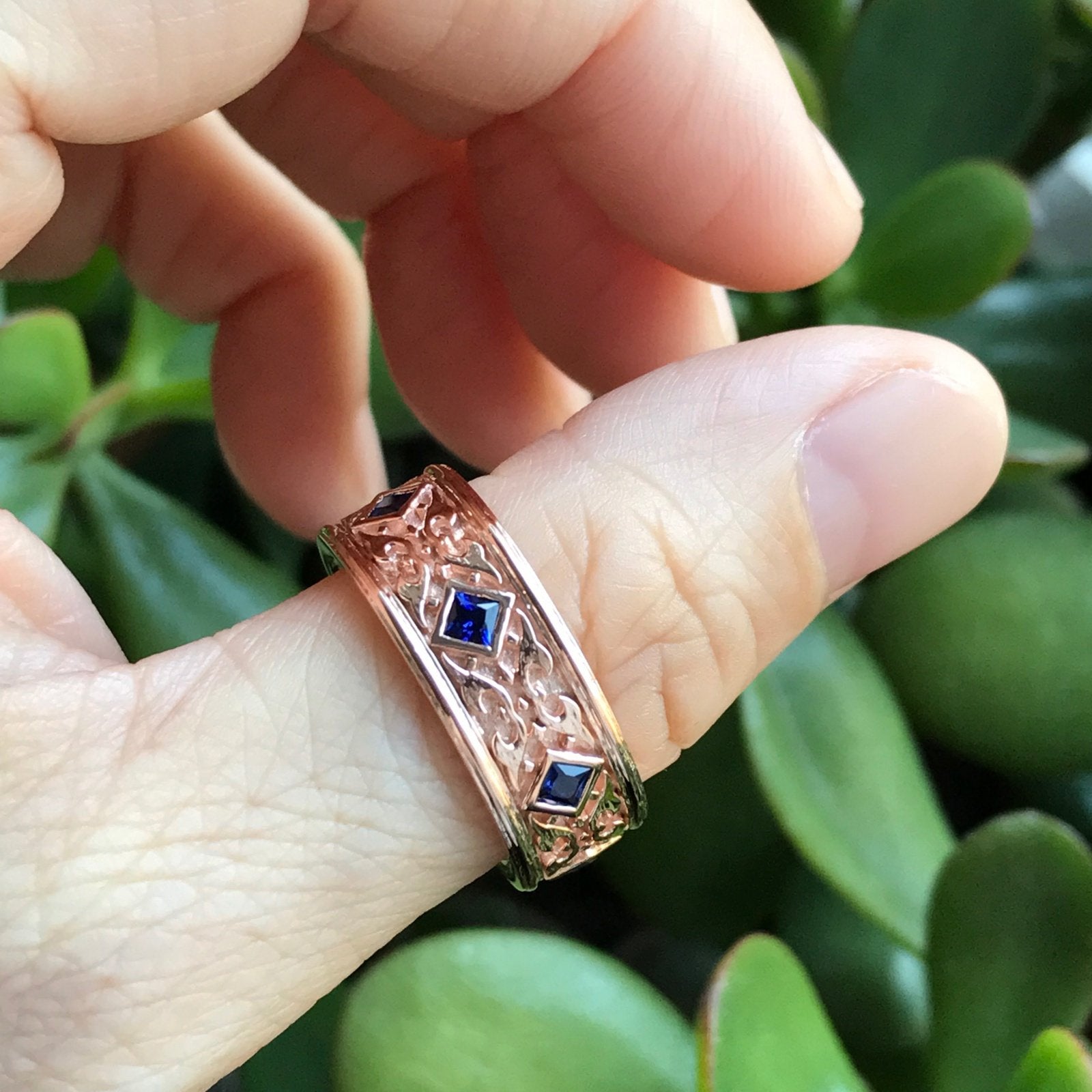 Celtic Mens Wedding Band Princess Cut Sapphire in 14k Rose Gold 8mm by la more design