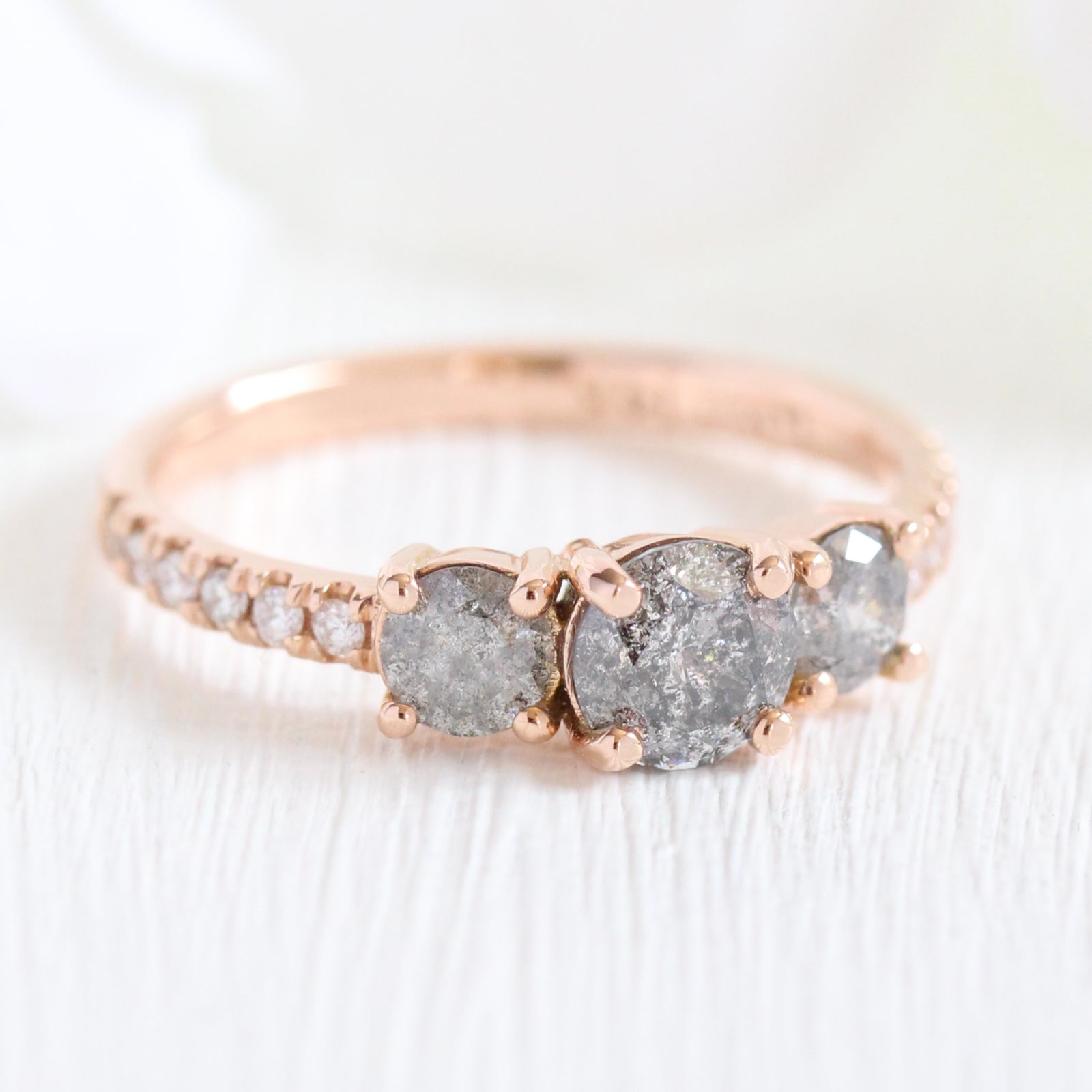 3 Stone Salt and Pepper Grey Diamond Engagement Ring in Rose Gold Pave Band by La More Design Jewelry