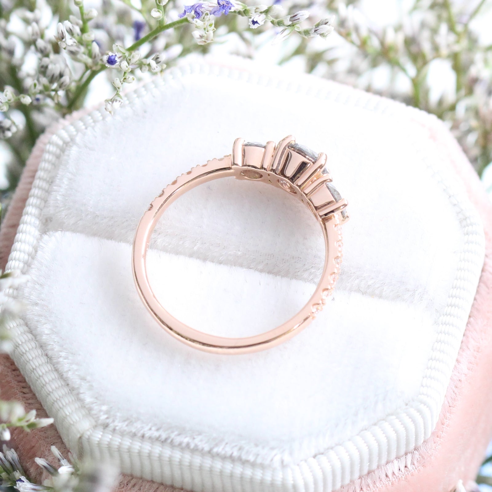 3 Stone Salt and Pepper Grey Diamond Engagement Ring in Rose Gold Pave Band by La More Design Jewelry