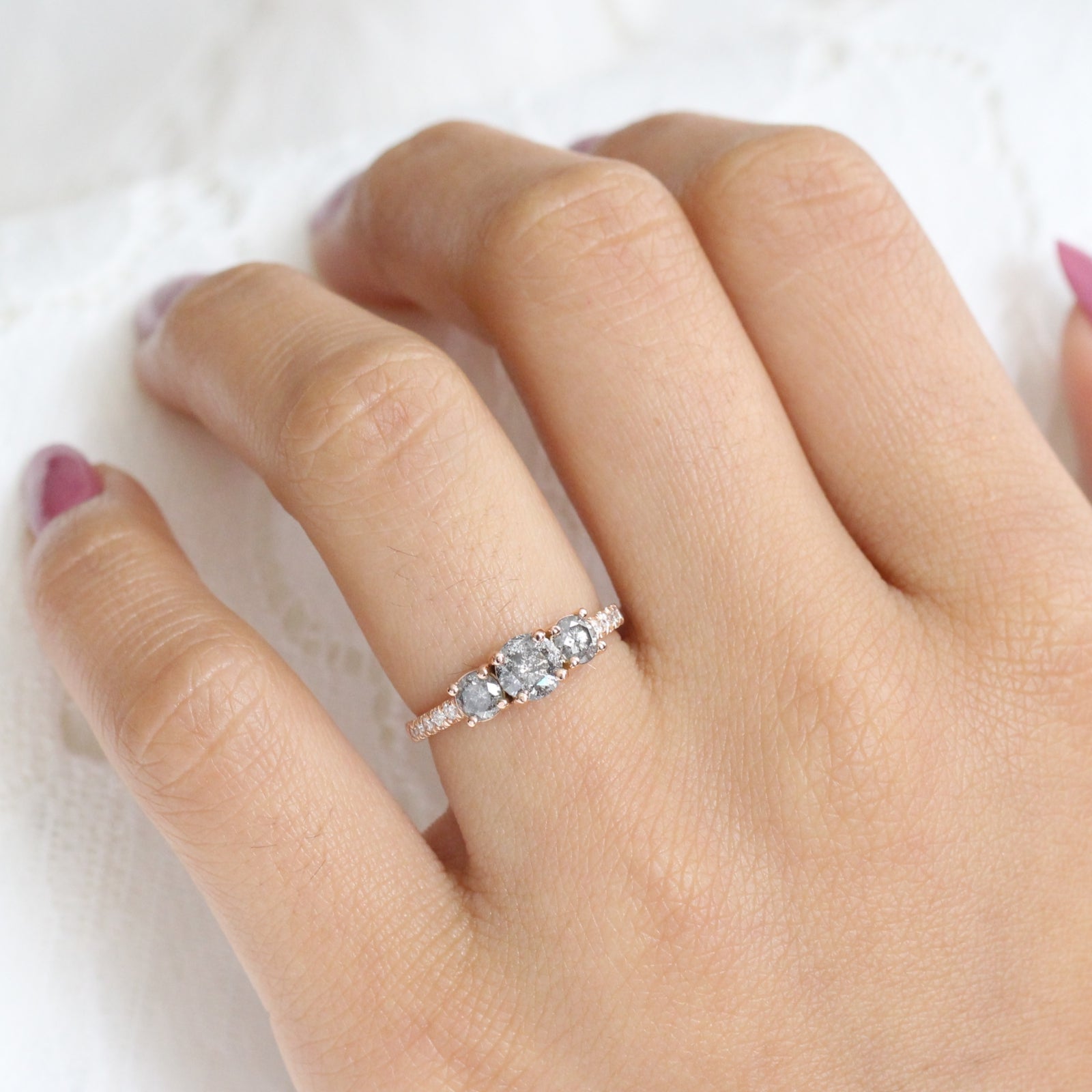 3 Stone Salt and Pepper Grey Diamond Engagement Ring in Rose Gold Pave Band by La More Design Jewelry