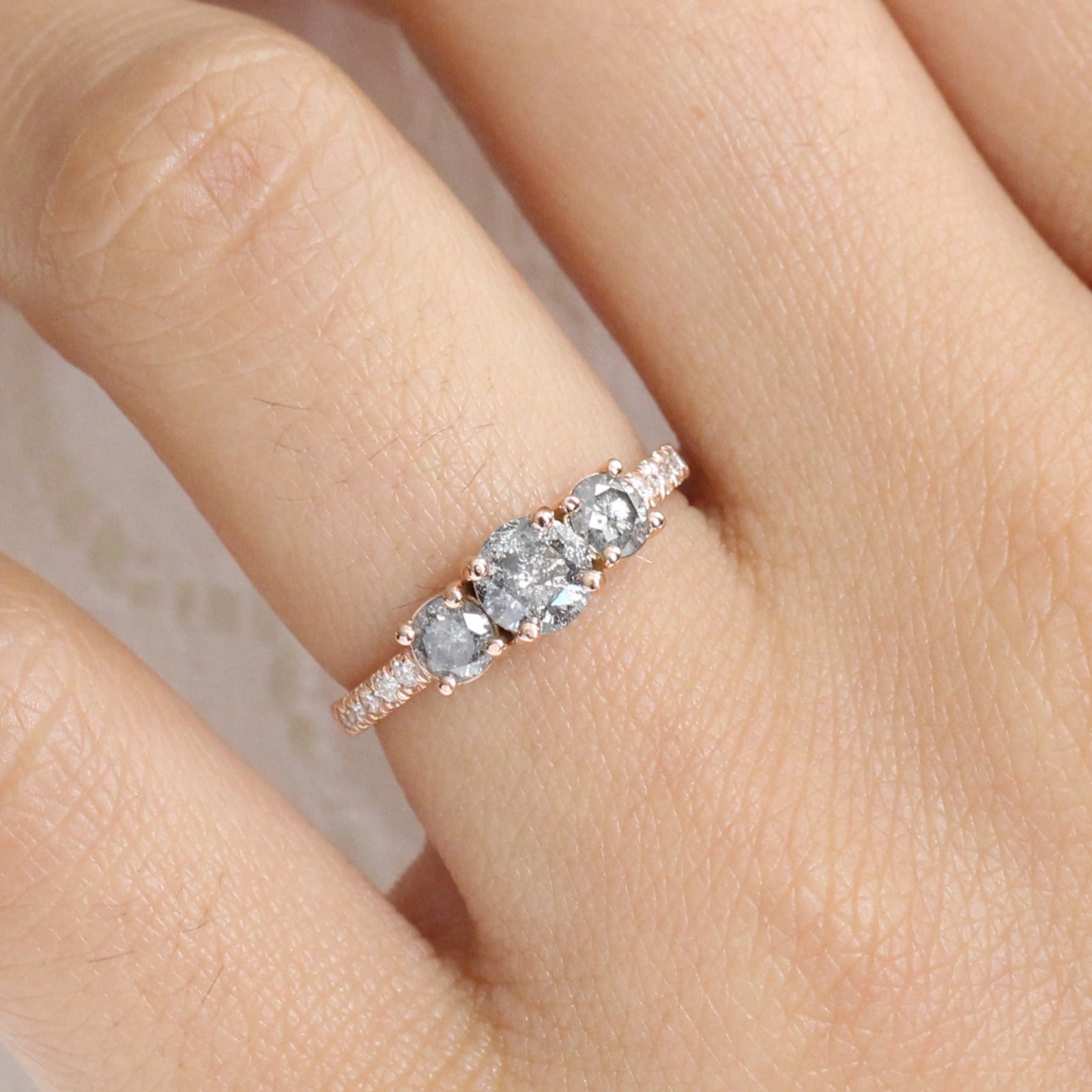 3 Stone Salt and Pepper Grey Diamond Engagement Ring in Rose Gold Pave Band by La More Design Jewelry