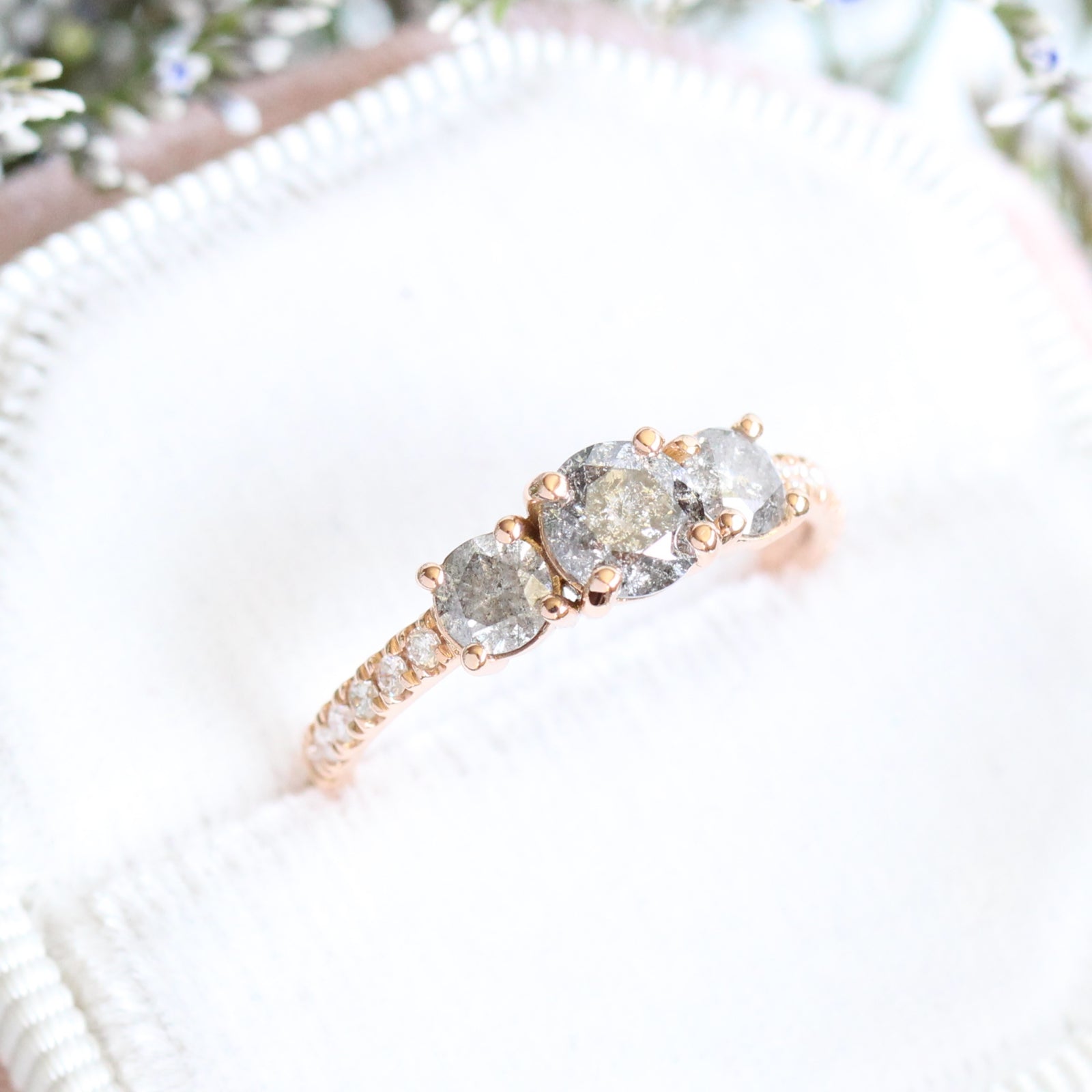3 Stone Salt and Pepper Grey Diamond Engagement Ring in Rose Gold Pave Band by La More Design Jewelry
