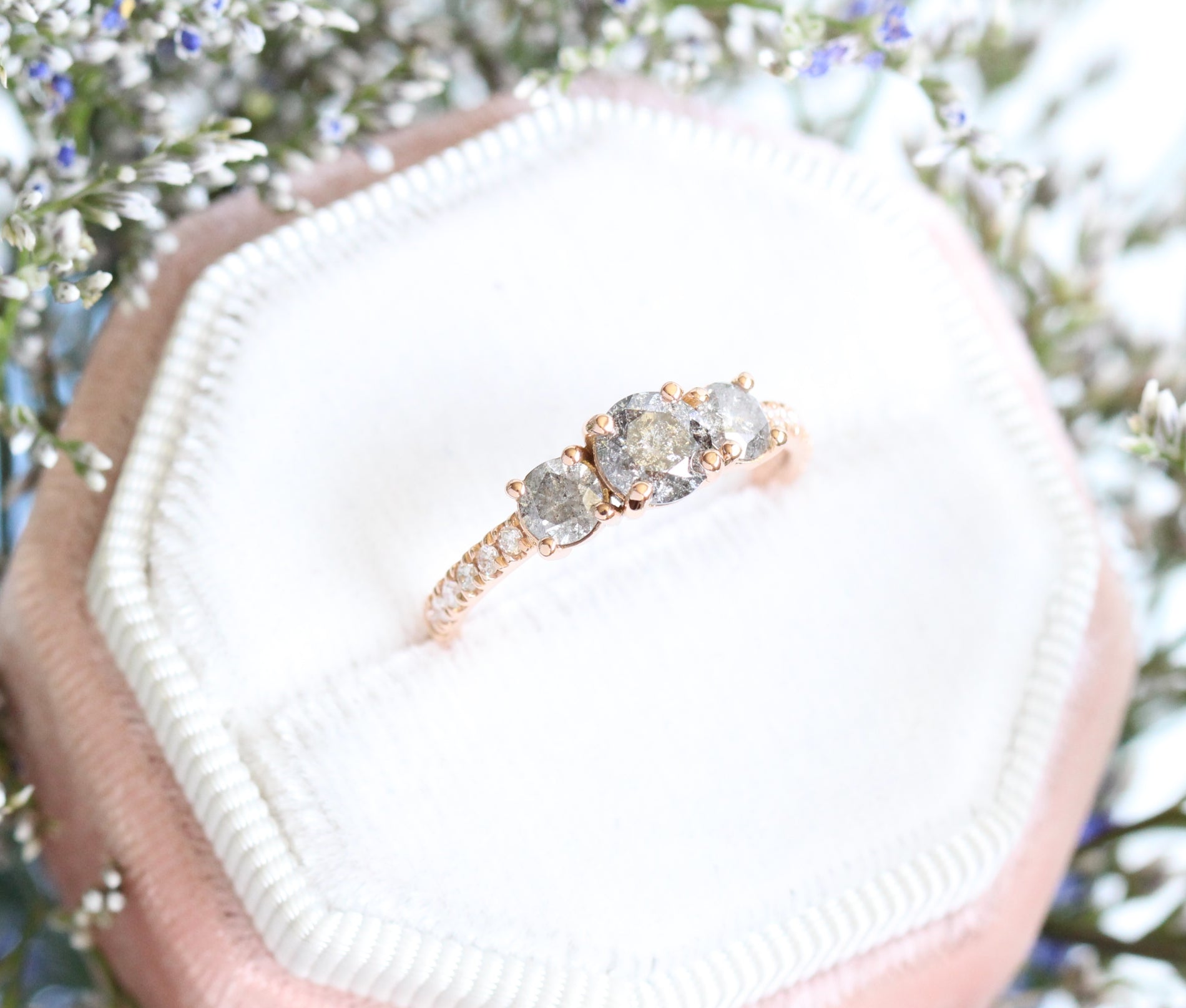 3 Stone Salt and Pepper Grey Diamond Engagement Ring in Rose Gold Pave Band by La More Design Jewelry