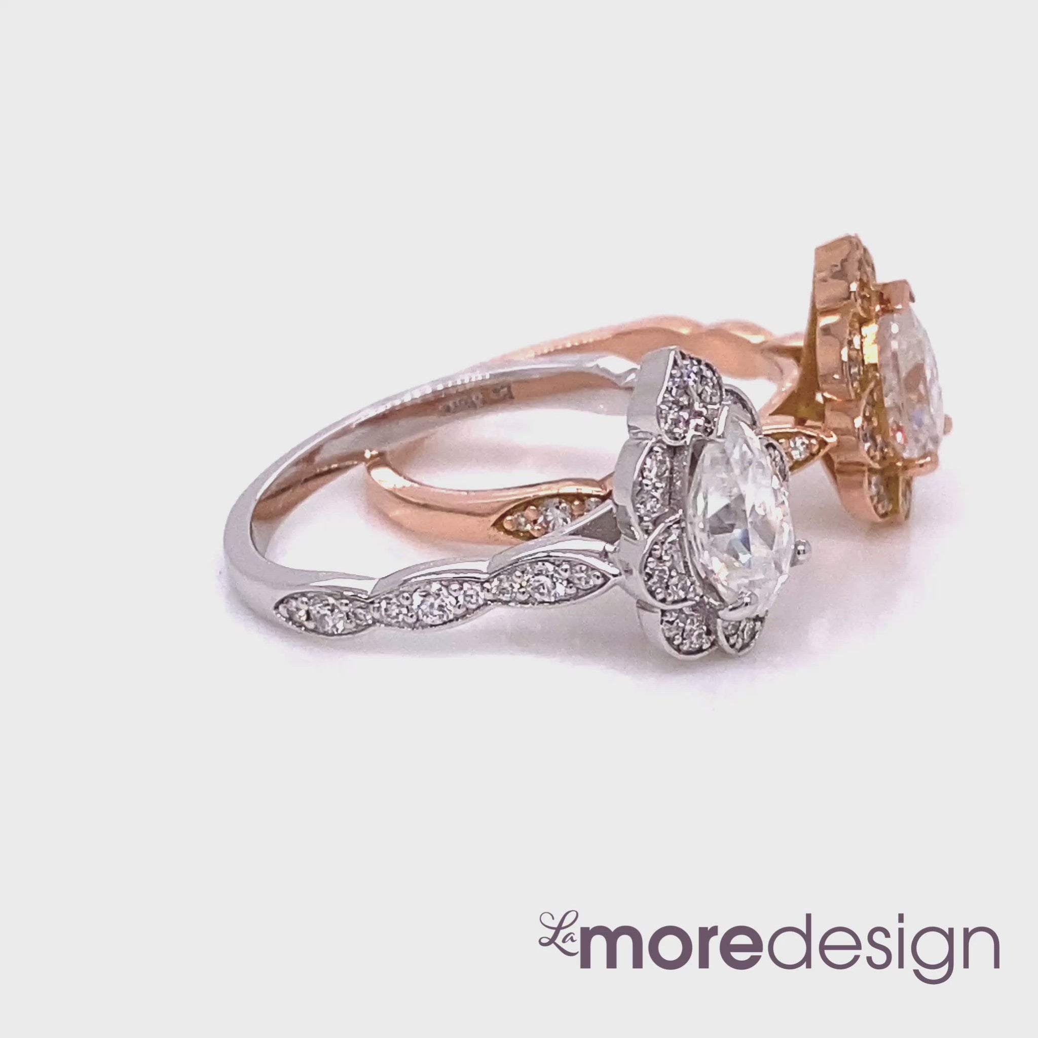 Vintage floral pear moissanite engagement ring rose gold and white gold diamond scalloped band by la more design jewelry