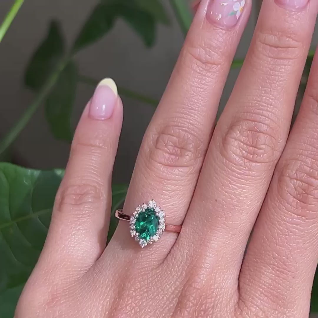Halo diamond emerald ring stock rose gold u shaped wedding band la more design jewelry