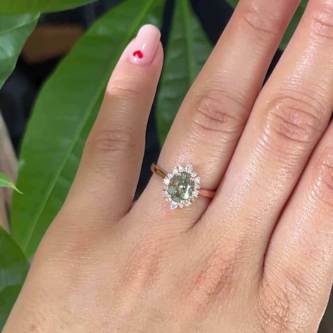 Oval green sapphire ring rose gold halo diamond ring la more design jewelry