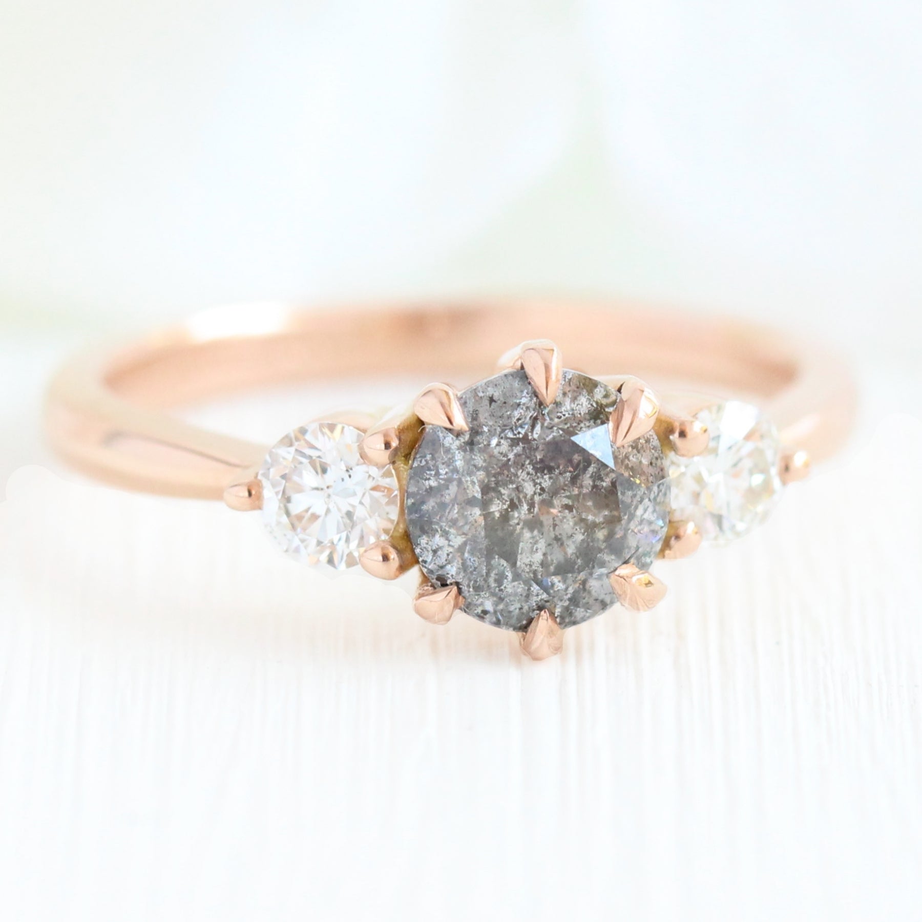 3 stone diamond ring rose gold salt and pepper diamond ring la more design jewelry