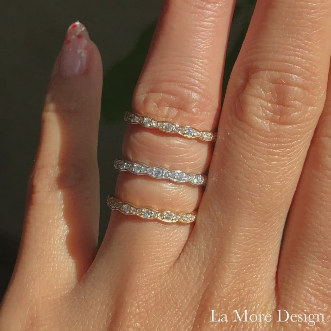 Half diamond wedding ring rose gold scalloped band la more design jewelry