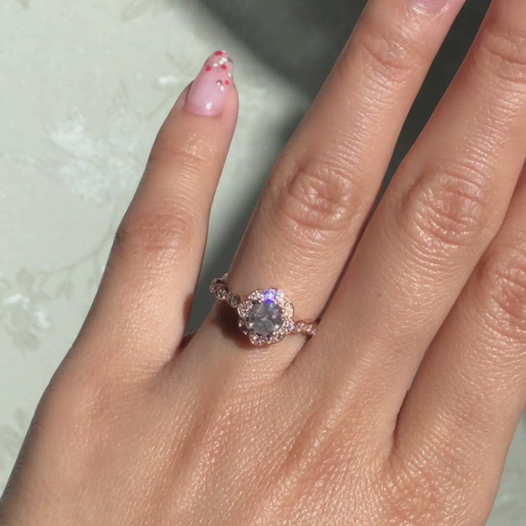 Gray diamond engagement ring in rose gold vintage floral diamond band by la more design