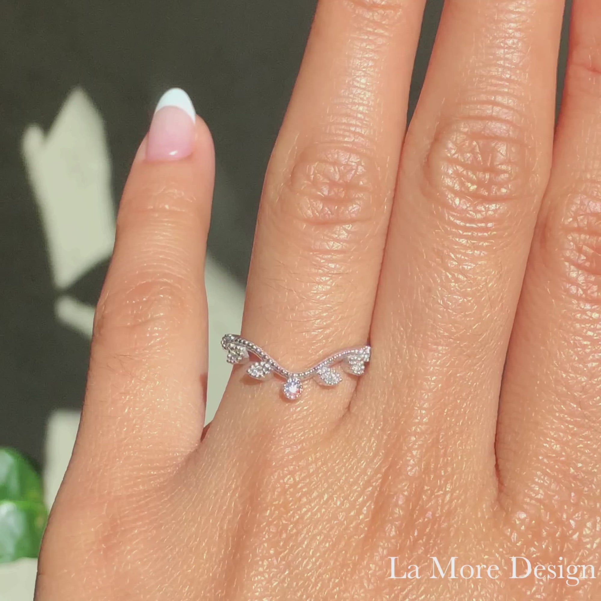 Elegantly crafted curved diamond wedding ring features brilliant white diamonds set in 14k rose gold vintage inspired contoured leaf band. Perfect diamond ring to wear alone, pair with your engagement ring, or stack up with your other bands. 