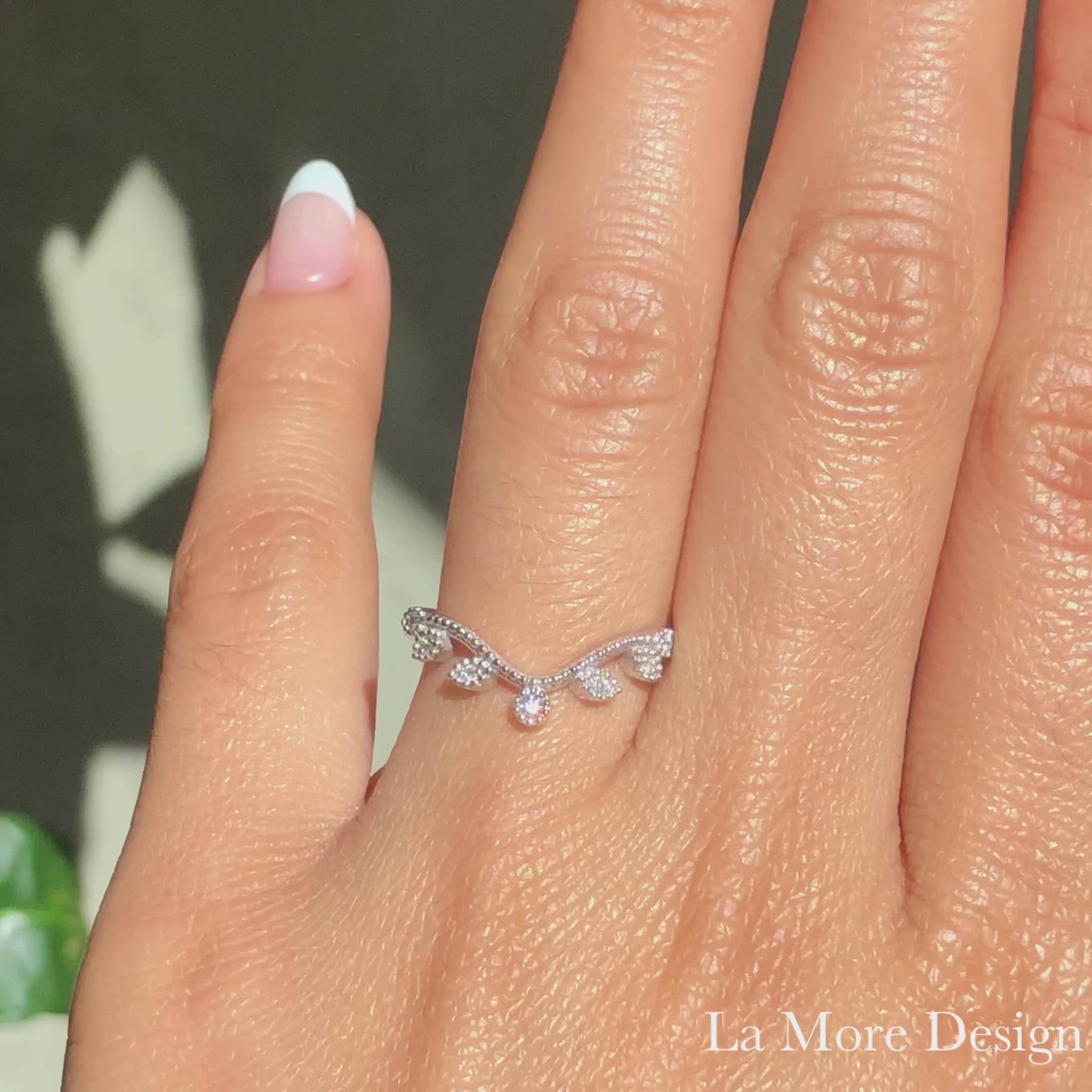 Elegantly crafted curved diamond wedding ring features brilliant white diamonds set in 14k rose gold vintage inspired contoured leaf band. Perfect diamond ring to wear alone, pair with your engagement ring, or stack up with your other bands. 