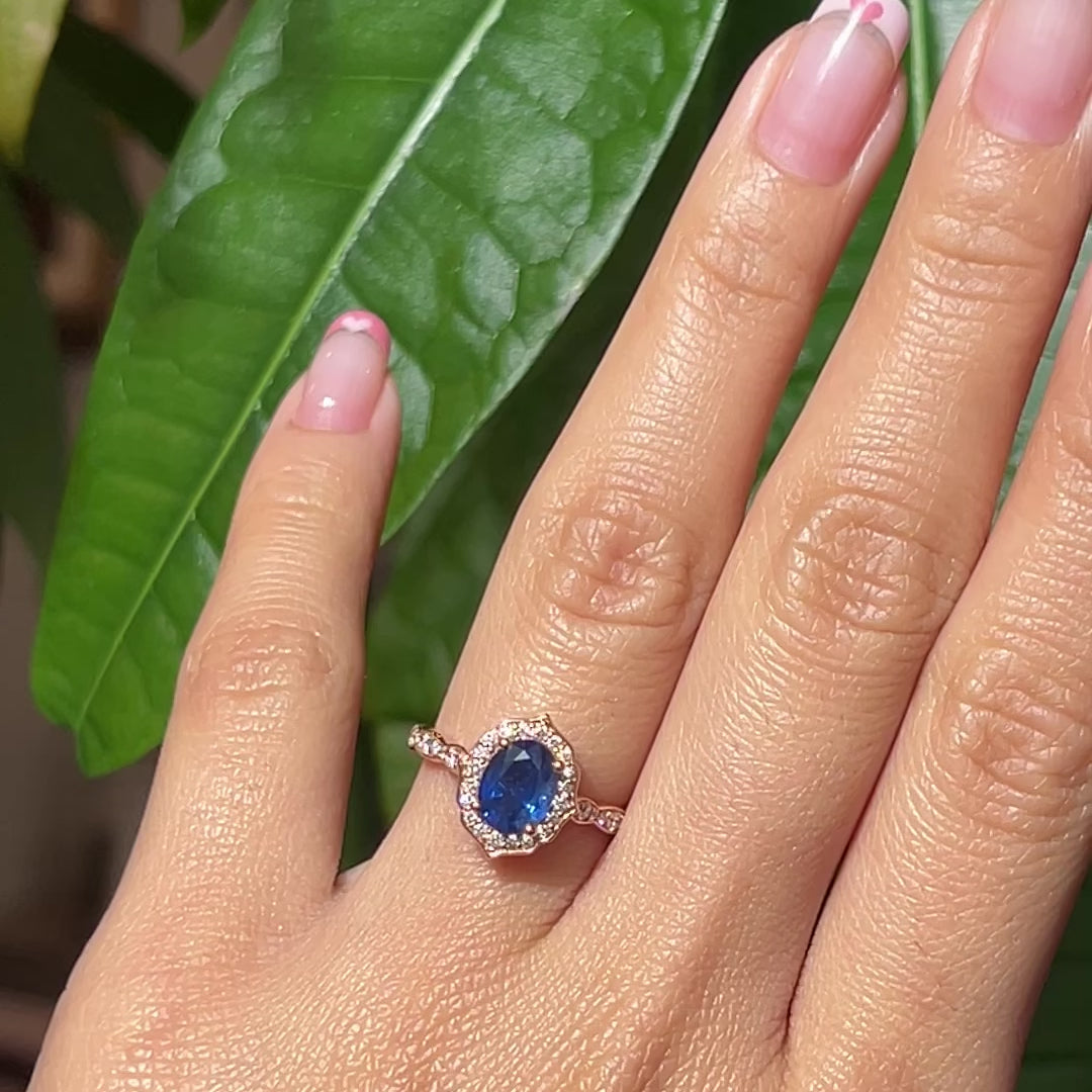 2 carat Ceylon Cushion Cut Natural Blue Sapphire Engagement Ring with  Diamond Halo in 14k white gold (GR-5963))