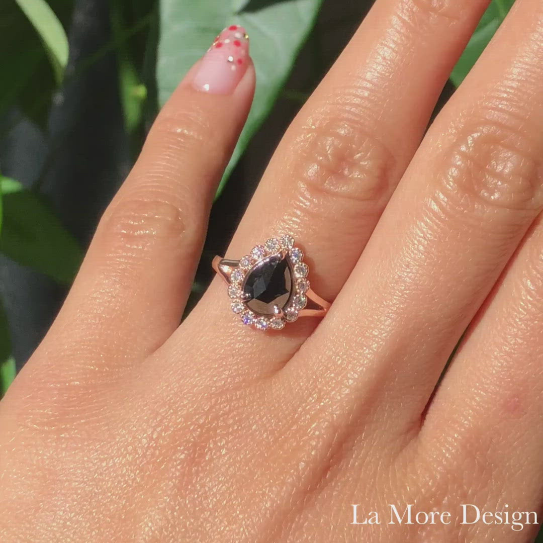 Pear rose cut black diamond engagement ring in rose gold halo diamond band by la more design jewelry