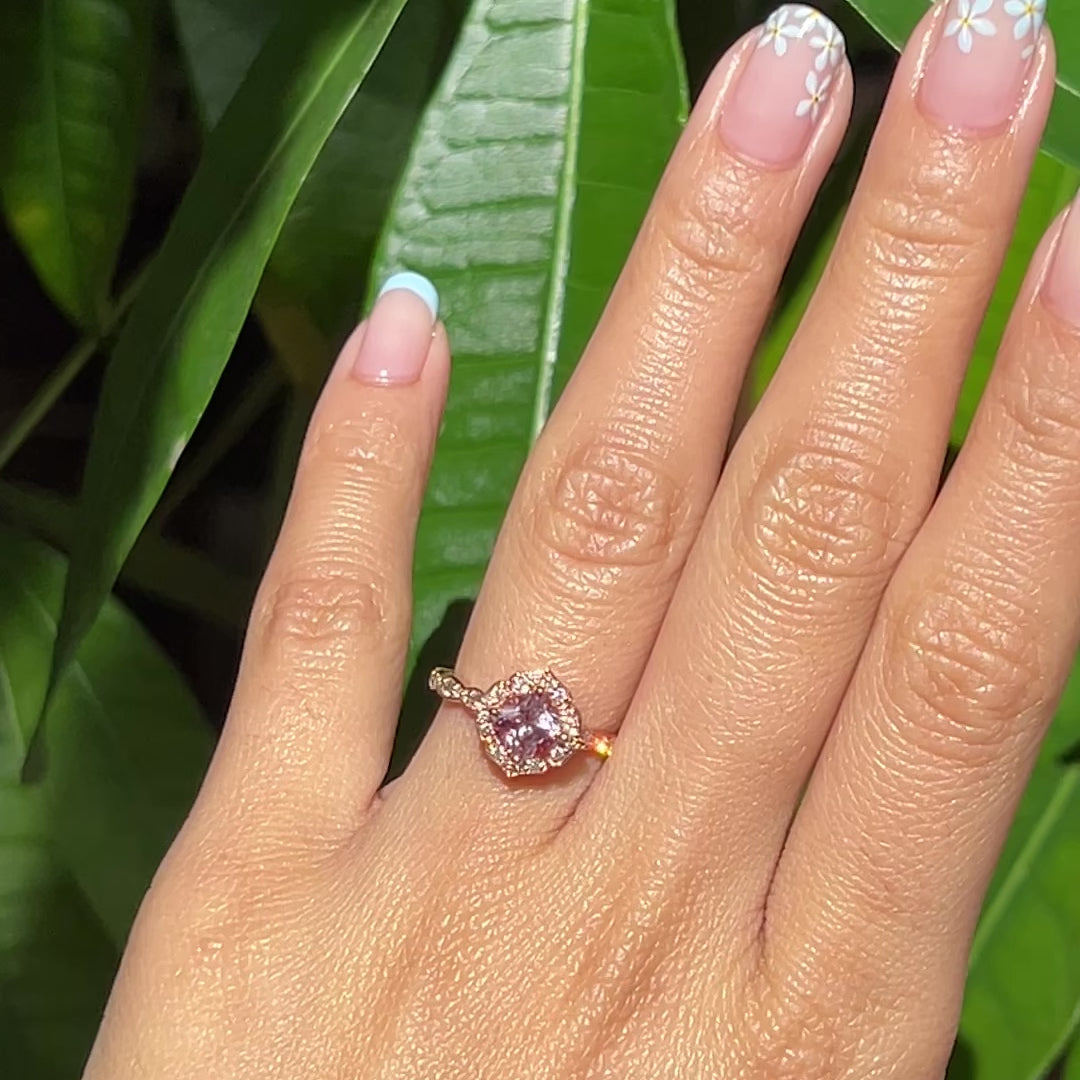 vintage inspired peach sapphire engagement ring in rose gold diamond band by la more design