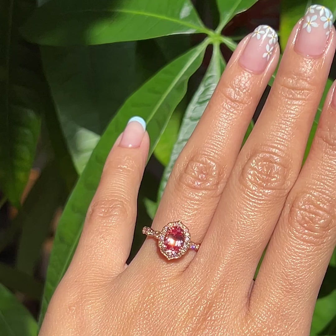 Oval peach sapphire engagement ring rose gold vintage halo diamond sapphire ring la more design jewelry