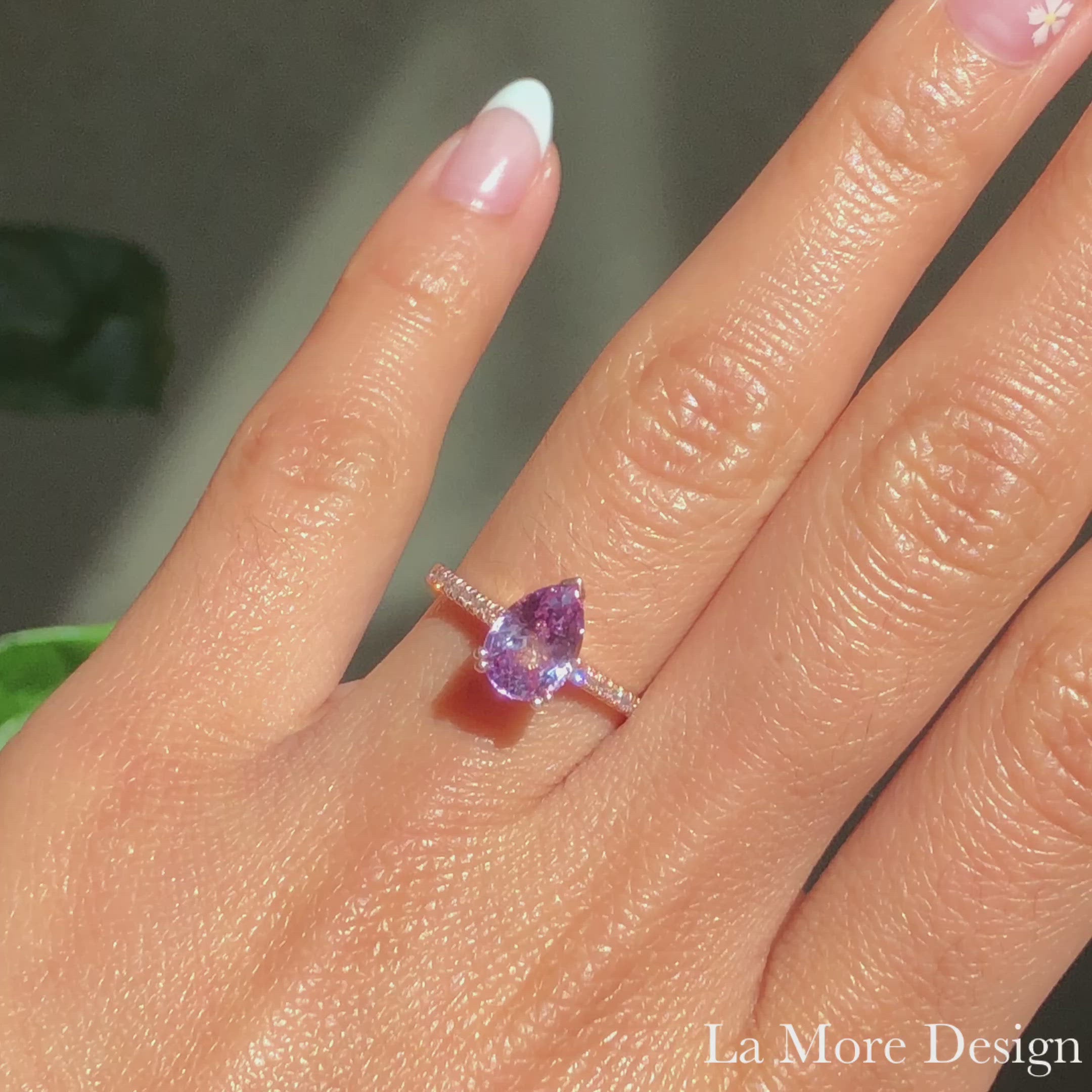 Timelessly gorgeous lavender purple sapphire engagement ring is crafted in 14k rose gold Grace Solitaire pave diamond ring setting with a large 2.39-carat pear cut natural lavender purple sapphire center ~ total gemstone and diamond weight of the whole ring is 2.59 ct.tw.  This one-of-a-kind sapphire ring is perfect for brides looking for non-traditional engagement rings. All our wedding bands can pair beautifully with this gorgeous solitaire sapphire ring!