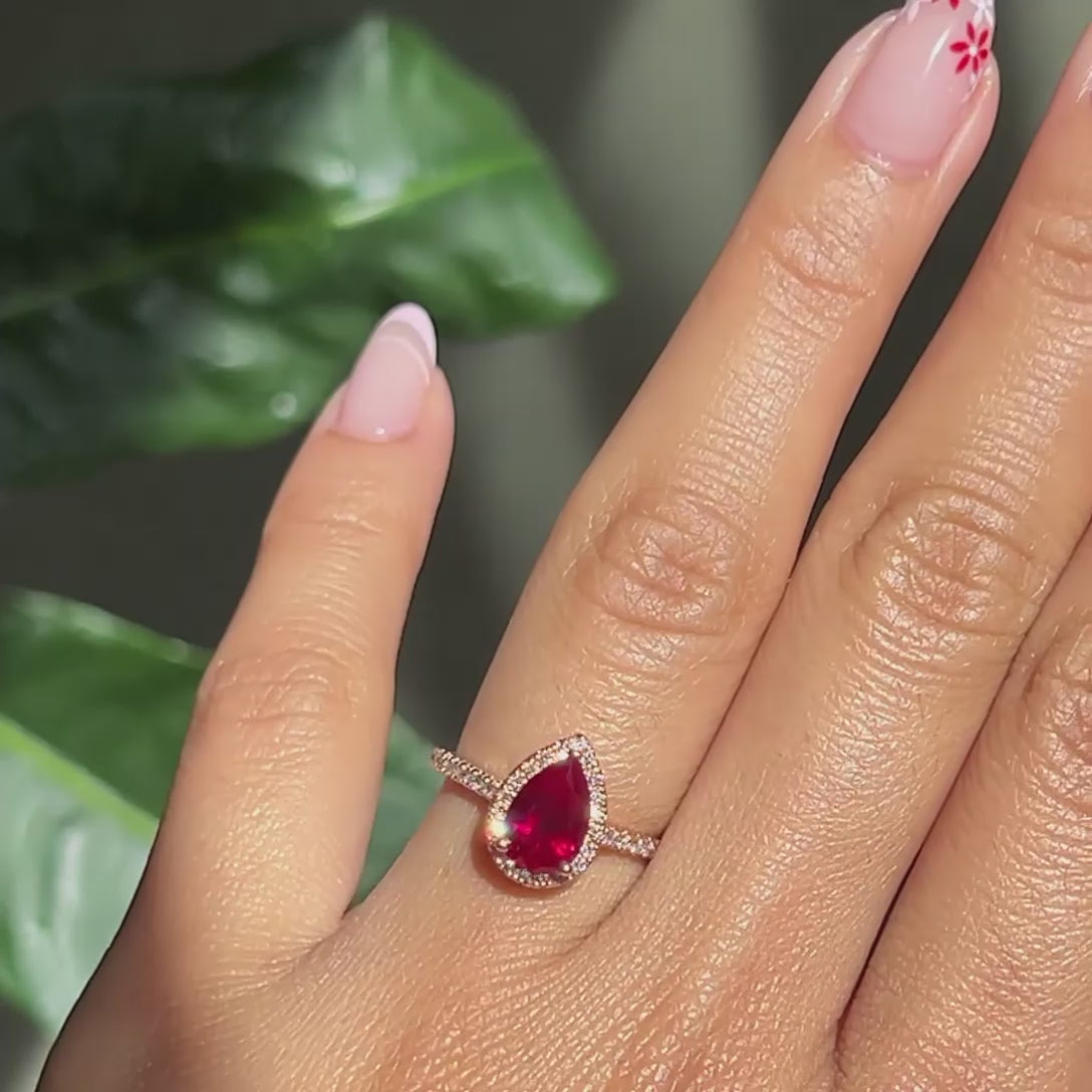 Pear ruby engagement ring rose gold halo diamond ruby ring la more design jewelry