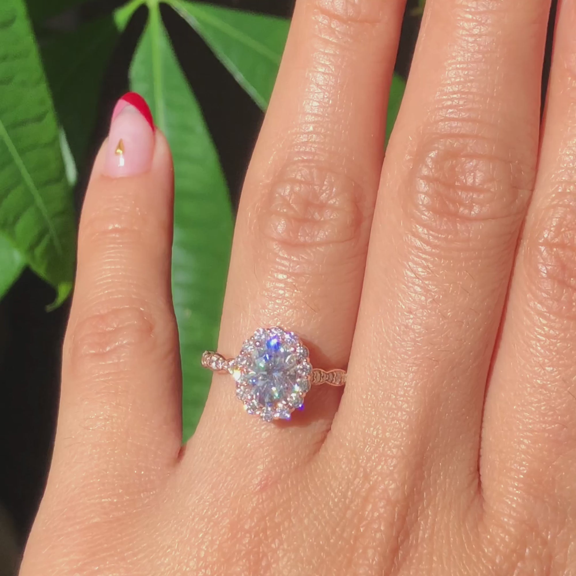 oval moissanite engagement ring in rose gold halo diamond ring by la more design jewelry