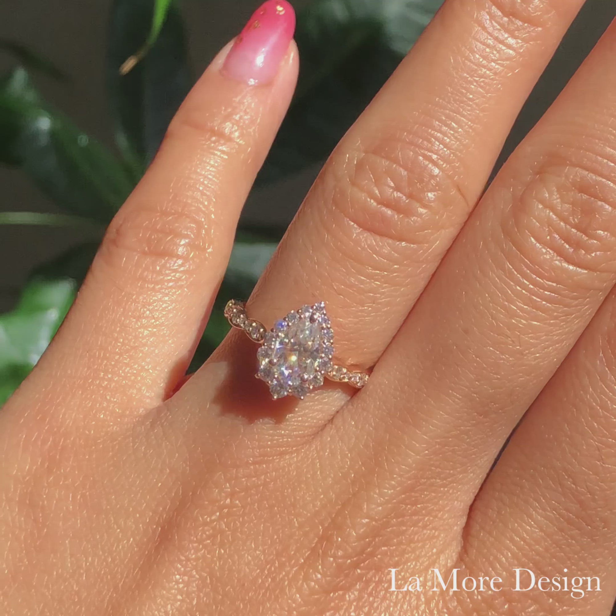 Pear moissanite engagement ring rose gold halo diamond ring la more design jewelry