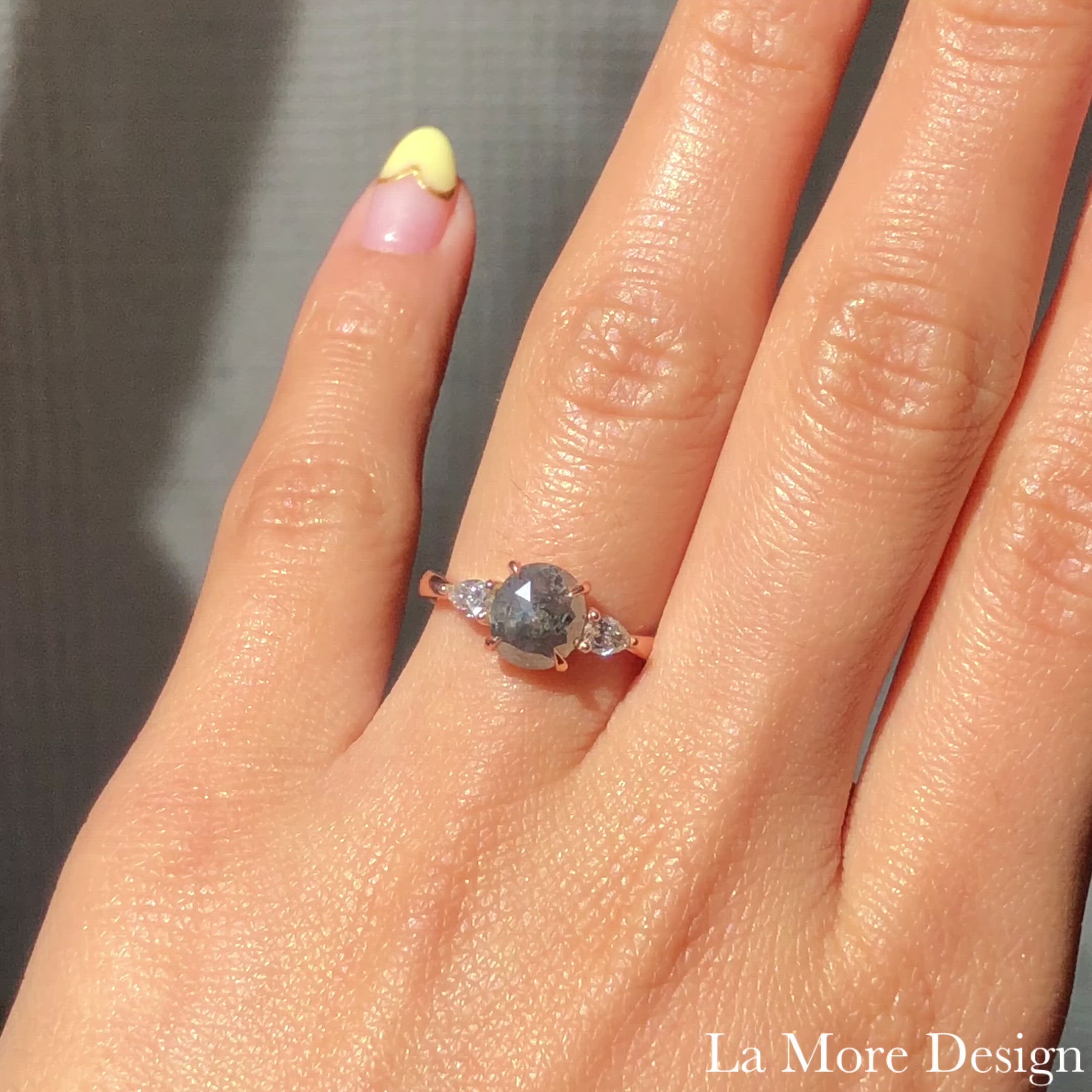 Oval Salt and Pepper Diamond Ring in 14k Rose Gold 3 Stone Pear Ring, Size 6.25