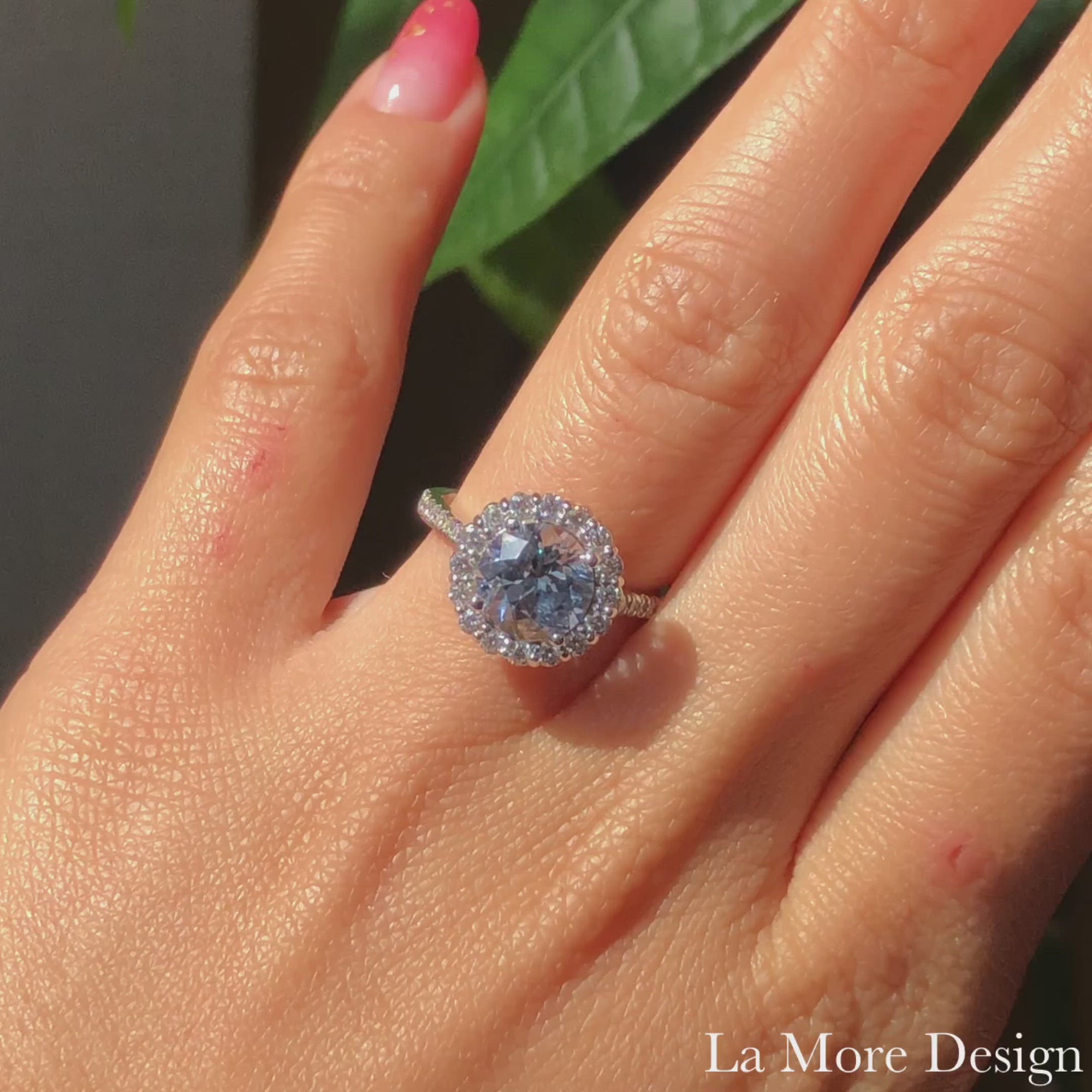 Natural aqua blue sapphire engagement ring in 18k white gold by la more design