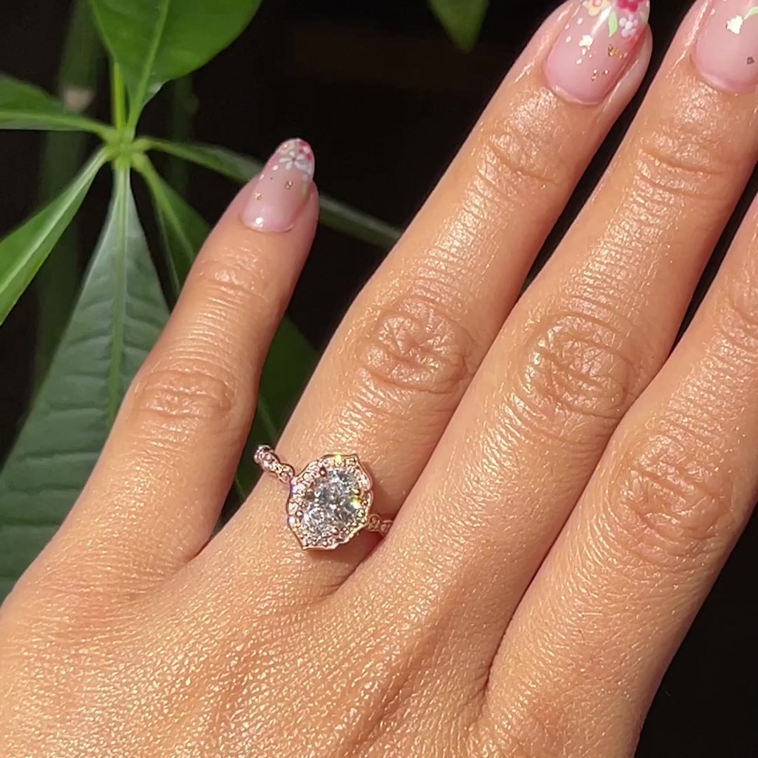 Vintage Floral Lab Diamond Ring Set Rose Gold Big Diamond Curved Band La More Design