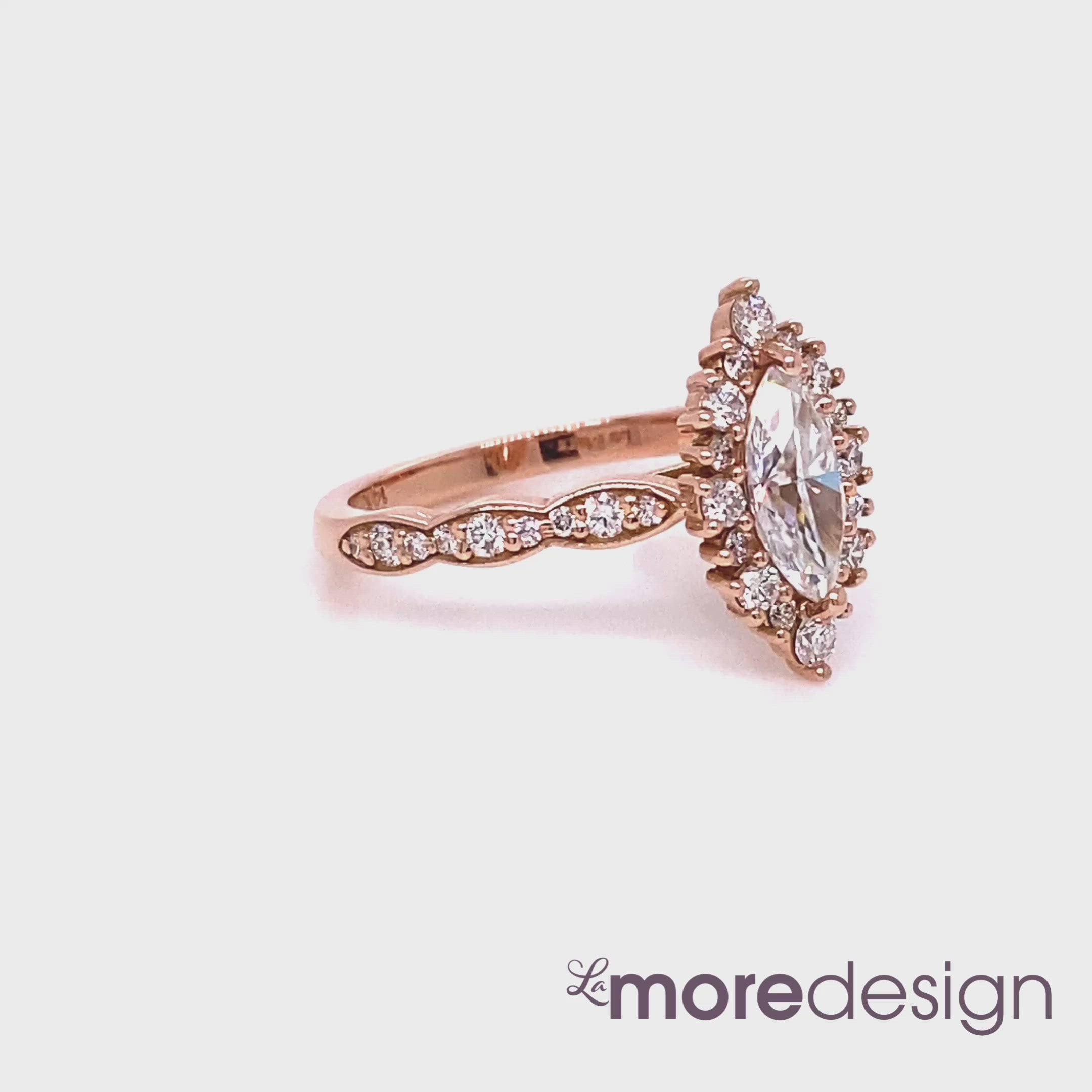 marquise moissanite engagement ring rose gold halo diamond scalloped band la more design jewelry