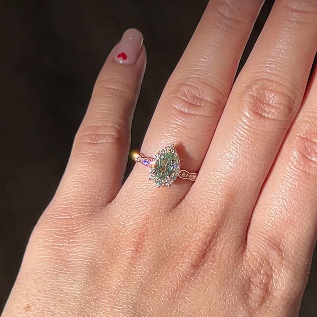 Tiara Halo Pear Ring Bridal Set w/ Green Sapphire and Large 7 Diamond Scalloped Band