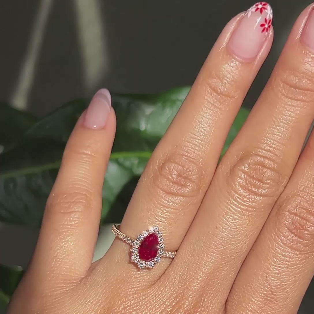 Pear Ruby Engagement Ring Rose Gold Curved Diamond Wedding Ring