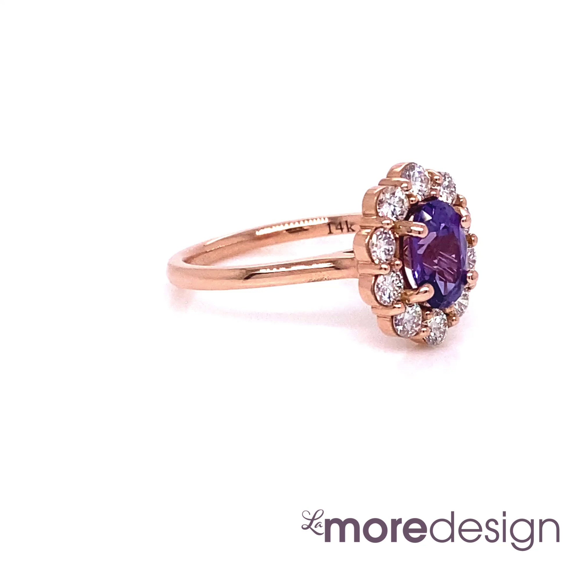 This timelessly gorgeous purple sapphire engagement ring is crafted in 14k rose gold Luna Halo Large Diamond ring setting with a 1.21-carat oval cut natural purple sapphire center ~ total gemstone and diamond weight of the whole ring is 1.79 ct.tw.  This one-of-a-kind sapphire ring is perfect for brides looking for non-traditional engagement rings. All our wedding bands can pair beautifully with this elegant halo diamond sapphire ring!