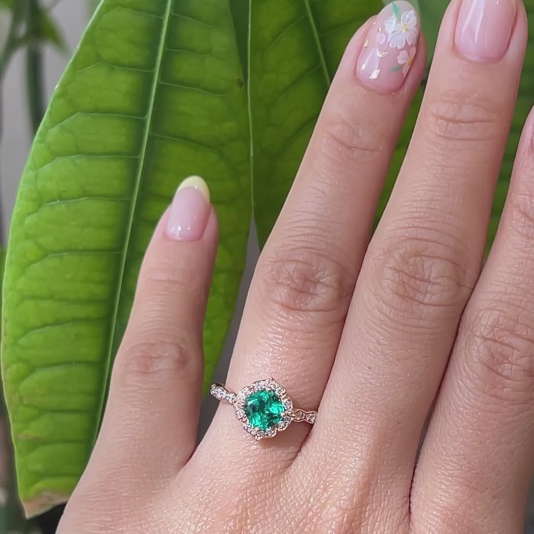 vintage inspired emerald engagement ring in rose gold diamond band by la more design jewelry