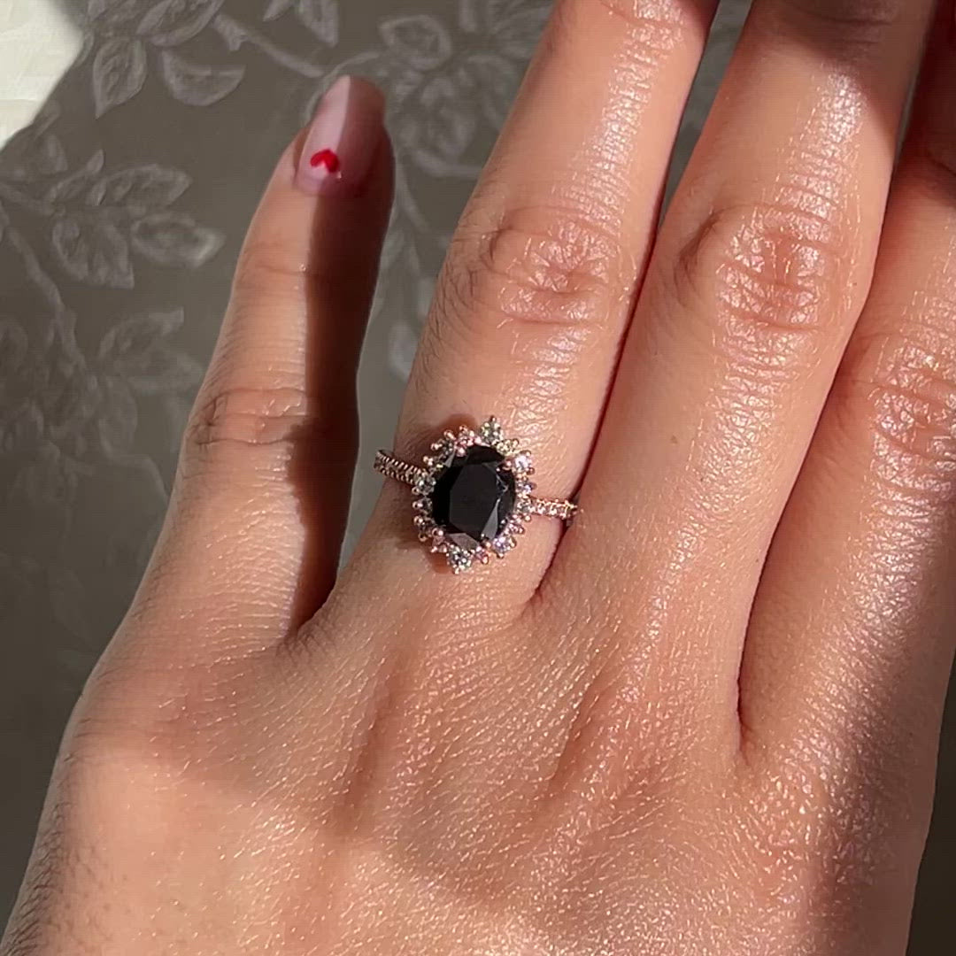 5.58 Carat Cushion Cut Black Diamond Ring 14k Black Gold Pave Halo Vin –  Liori Diamonds