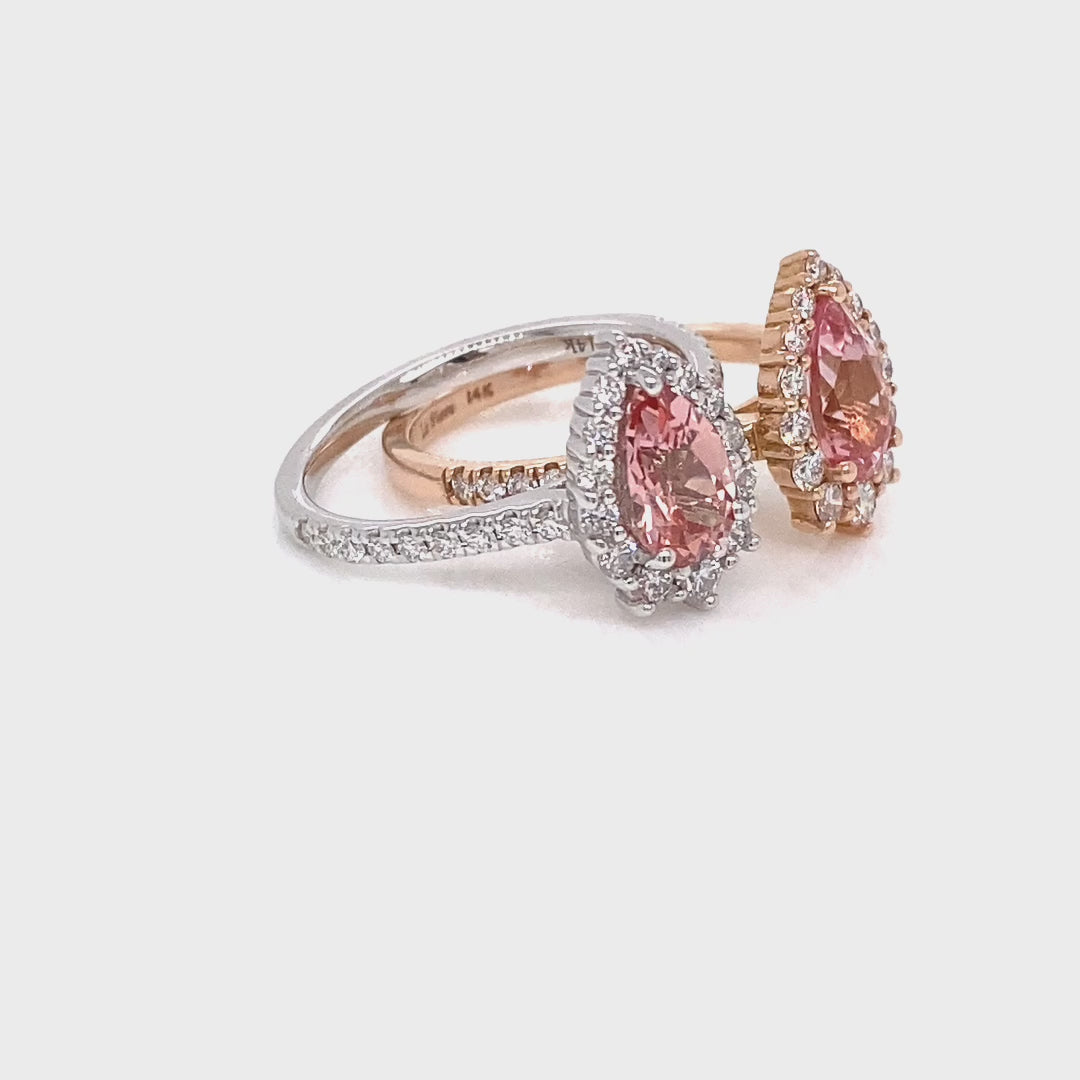 pear shaped peach sapphire engagement ring rose gold halo diamond ring by la more design jewelry