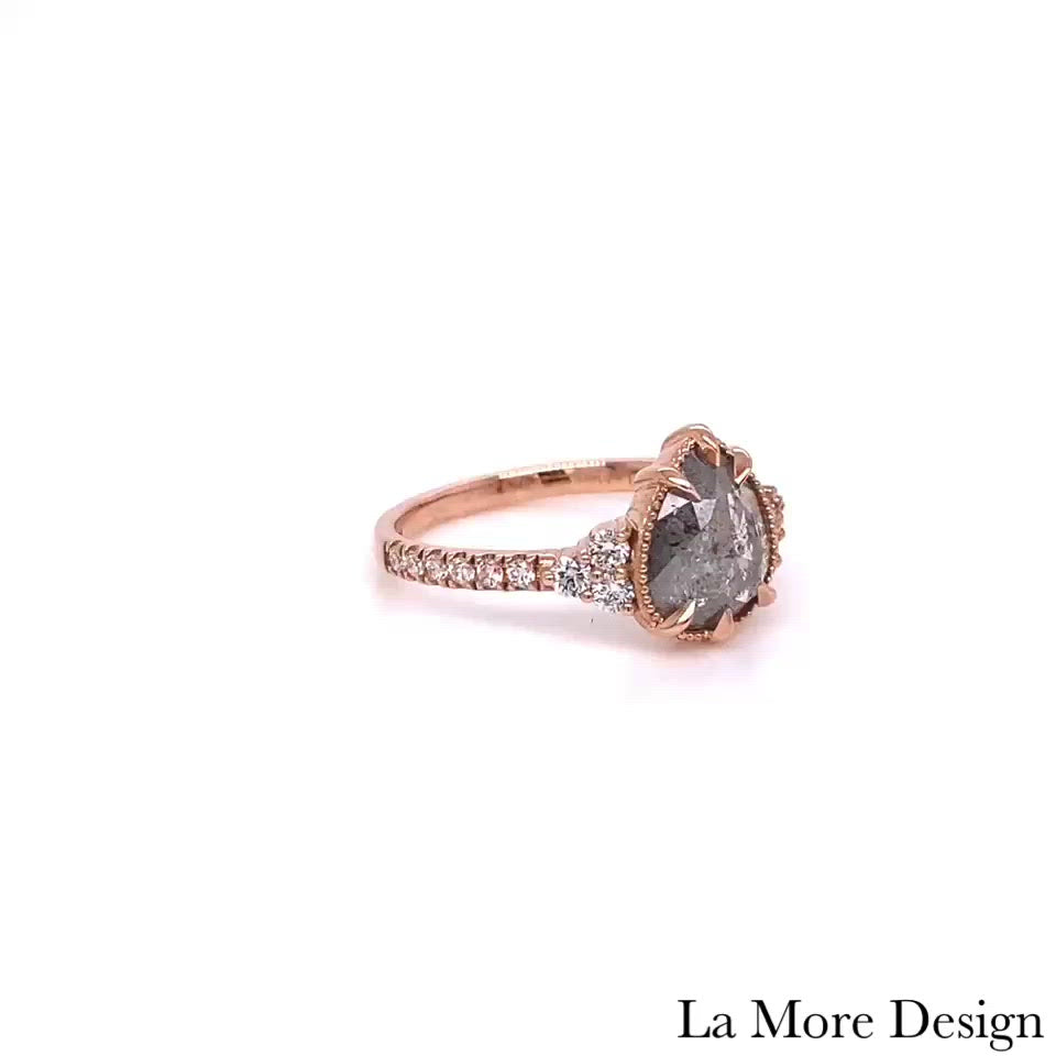 1.7 Ct Pear Salt and Pepper Diamond Ring in 14k Rose Gold Vintage 3 Stone Ring, Size 6.25