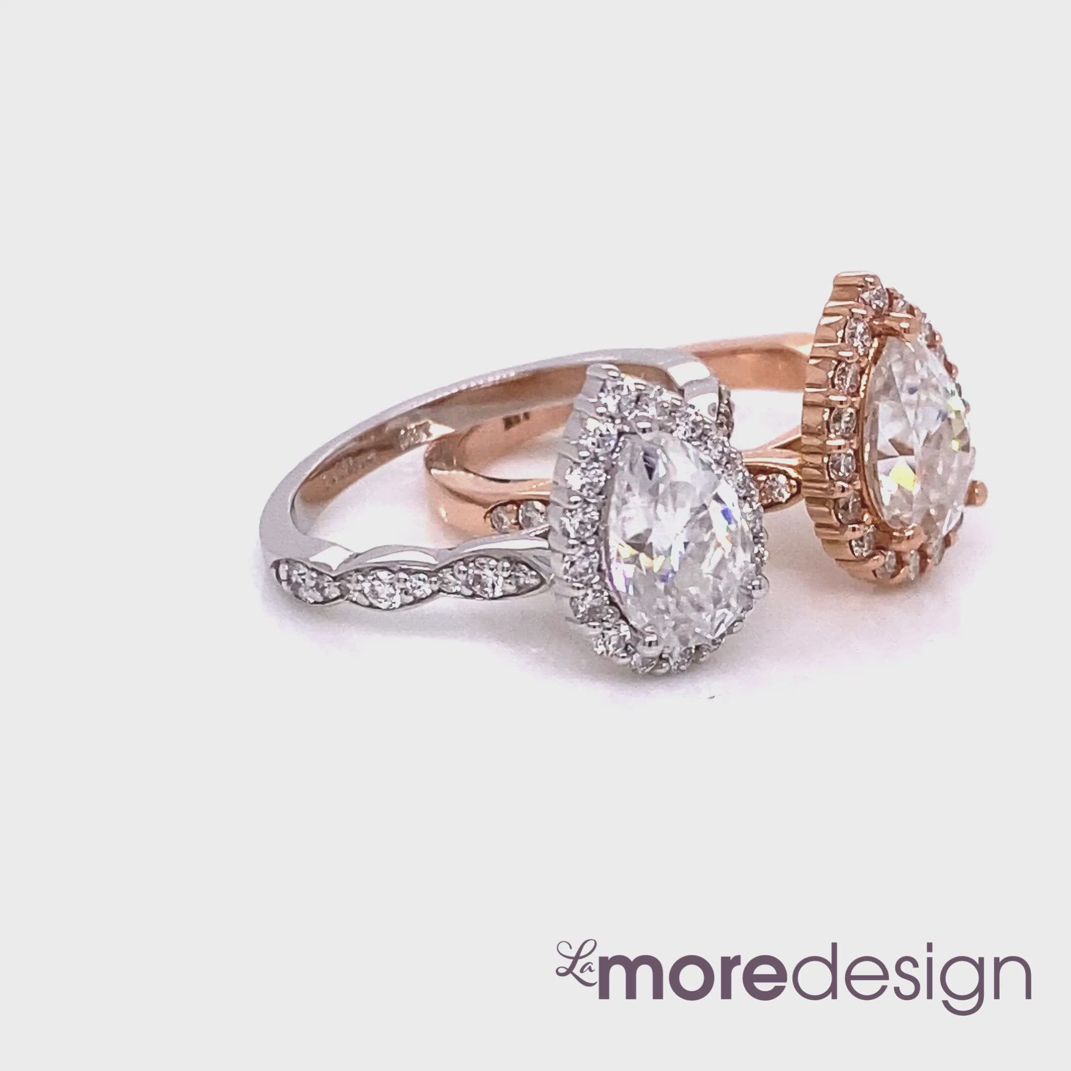 Halo diamond pear moissanite engagement ring in rose gold scalloped band by la more design