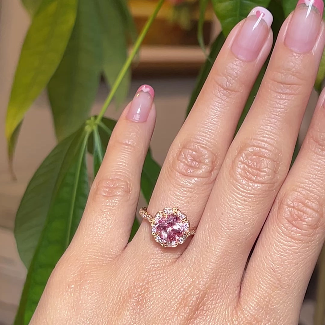 Large Cushion Peach Sapphire Engagement Ring Gold Halo Diamond Ring 14K Rose Gold / 4.5