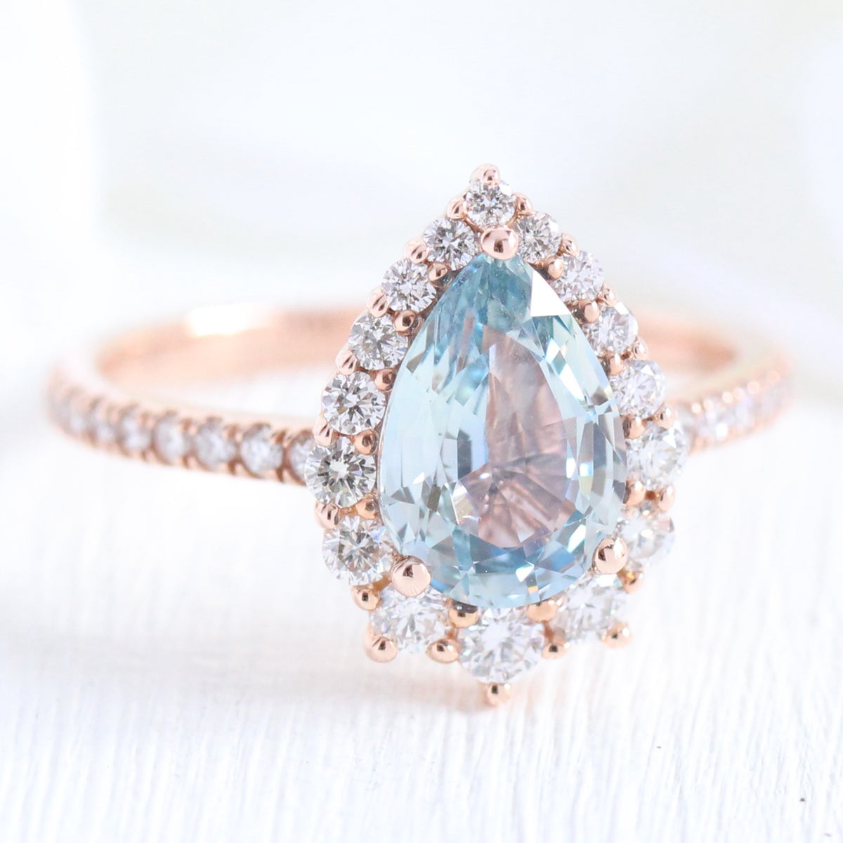 Aqua Blue Sapphire Engagement Ring Rose Gold Halo Diamond Pear Ring by La More Design Jewelry