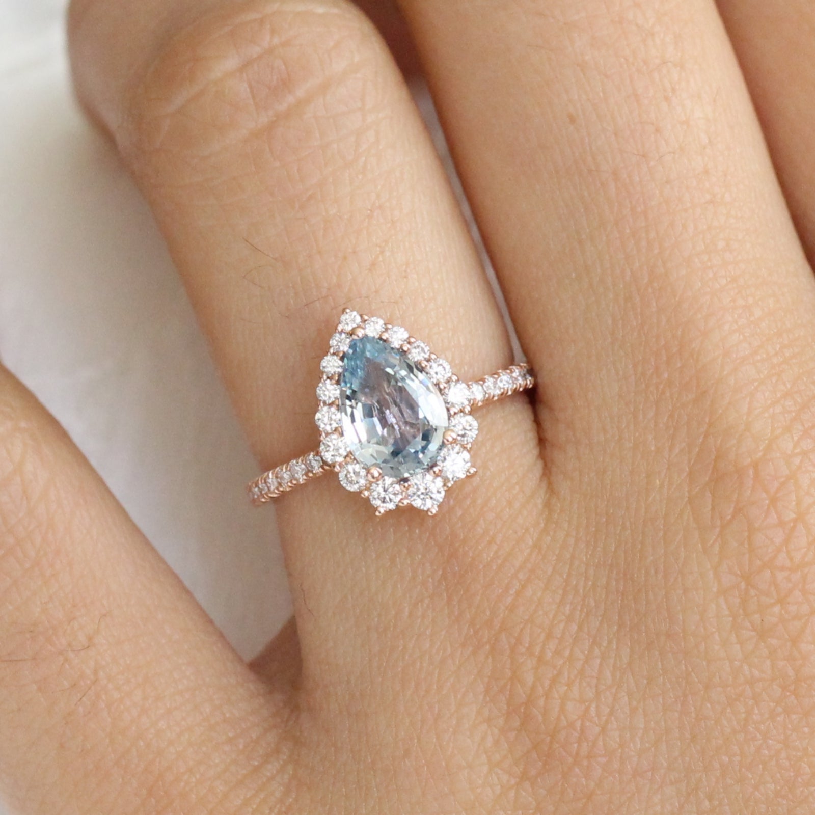 Aqua Blue Sapphire Engagement Ring Rose Gold Halo Diamond Pear Ring by La More Design Jewelry