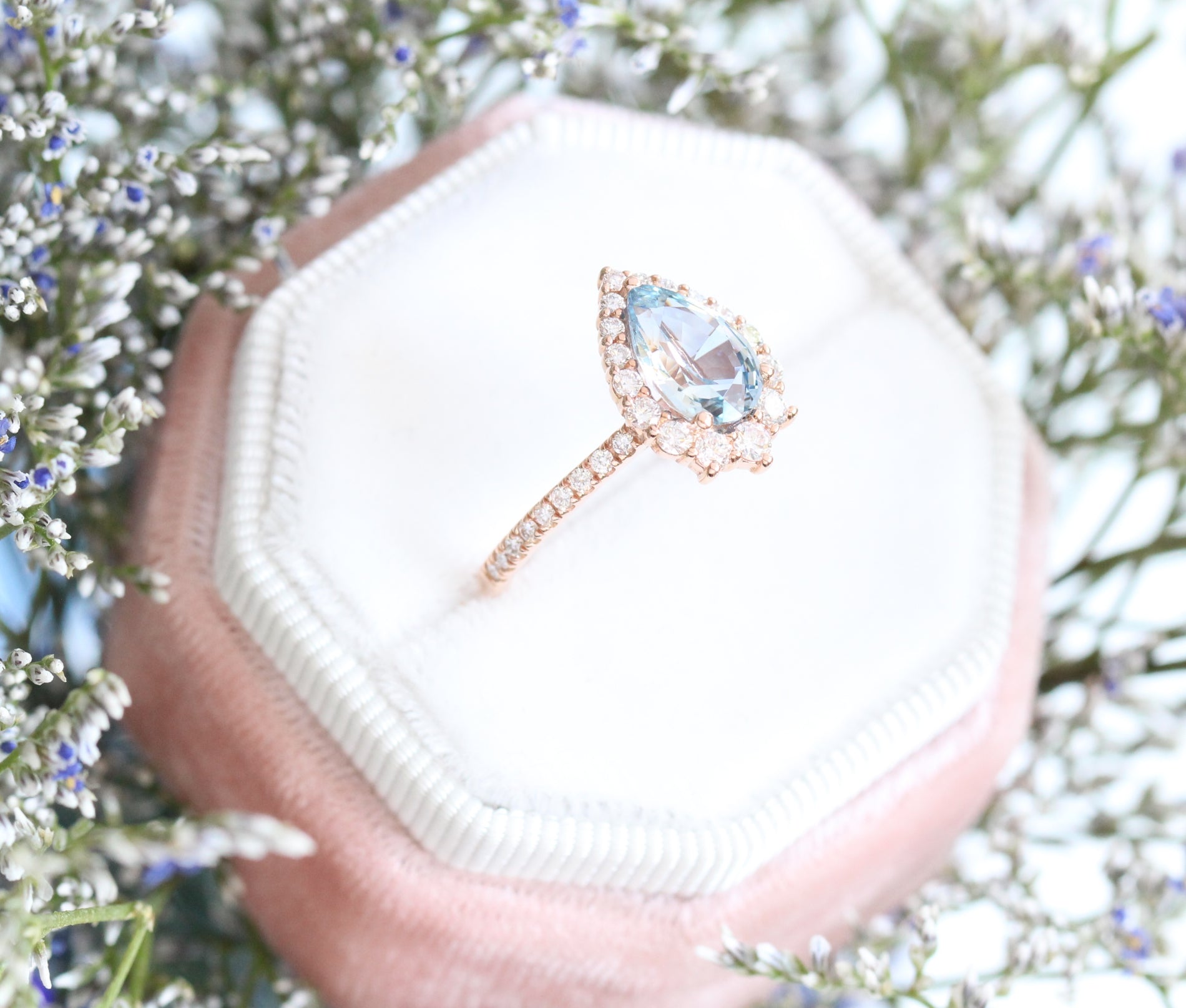Aqua Blue Sapphire Engagement Ring Rose Gold Halo Diamond Pear Ring by La More Design Jewelry